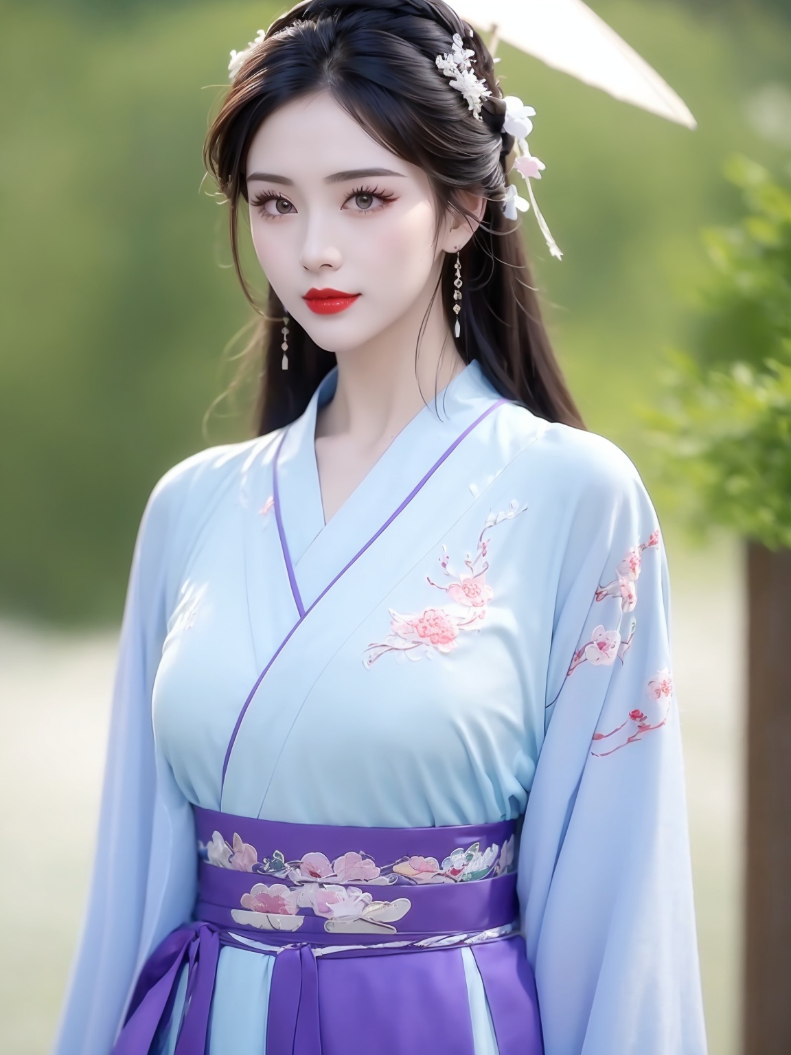 1 girl,diamond earrings,see-through,headwear,with heavy makeup,red lips,Moisturizing red lips,eye makeup,upper_body,solo,front,hanfu,embroidery,<lora:交领汉服1.3:1>,close-up,purple,solo,