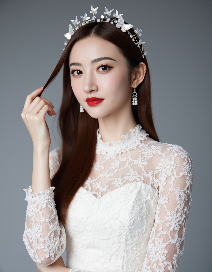 This is a photograph of a young Asian woman with fair skin and long, straight brown hair. She is wearing a white lace dress with intricate floral patterns. Her makeup is bold, featuring red lipstick and dark eye makeup. A delicate, silver headpiece with floral and butterfly motifs adorns her head. She stands against a gradient gray background, with one arm raised, touching her hair. The overall aesthetic is ethereal and elegant, emphasizing her soft features and the texture of the lace fabric.