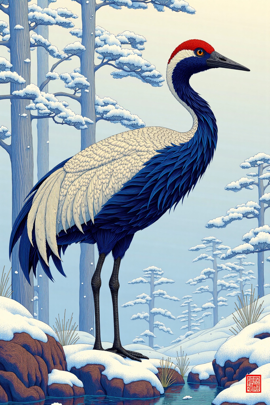 beijihui,a red-crowned crane standing on snow-covered rocks,light snow falling,elegant Chinese wildlife portrait,