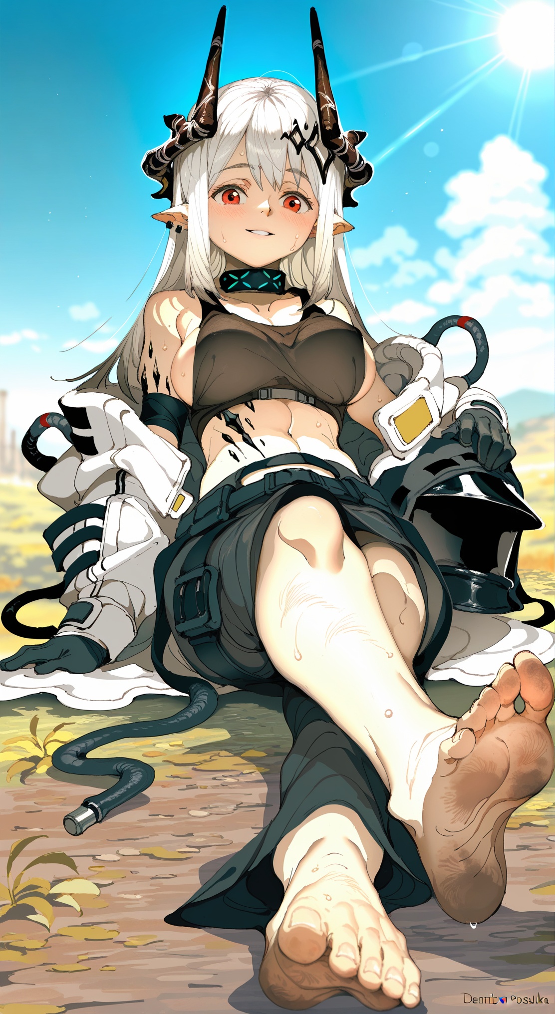 1girl,mudrock (arknights),dirty,feet,gloves,helmet,horns,soles,red eyes,barefoot,pointy ears,breasts,solo,long hair,white hair,black gloves,toes,hardhat,foot focus,large breasts,looking at viewer,sitting,sideboob,sweat,parted lips,dirty feet,holding,outdoors,sky,bangs,oripathy lesion (arknights),day,smile,blush,demon horns,infection monitor (arknights),foreshortening,sun,BREAK hands,fingers,finger nails,(detailed eyes, detailed skin, detailed hair:1.2),shiny skin,humid skin,photorealistic,masterpiece,best quality,amazing quality,very aesthetic,high resolution,ultra-detailed,absurdres,newest,scenery,(volumetric lighting:1.3),(artist:wlop:1),[artist:ningen_mame],artist:ciloranko,[artist:sho_(sho_lwlw)],[[tianliang duohe fangdongye]],[[artist:rhasta]],best quality,amazing quality,very aesthetic,absurdres,masterpiece,masterpiece,best quality,amazing quality,very aesthetic,high resolution,ultra-detailed,absurdres,scenery,depth of field,masterpiece,best quality,amazing quality,very aesthetic,(demizu posuka:2),masterpiece,best quality,amazing quality,very aesthetic,absurdres,newest,scenery,masterpiece,best quality,amazing quality,very aesthetic,absurdres,newest,