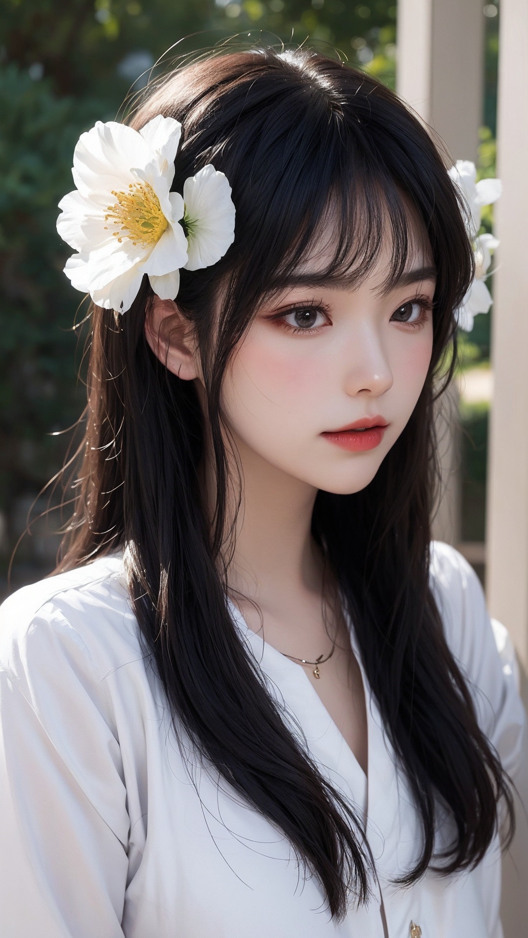1girl, hair ornament, solo, black hair, flower, hair flower, long hair, realistic, upper body, blurry background, chinese clothes, blurry, closed mouth, shirt, bangs, white shirt
