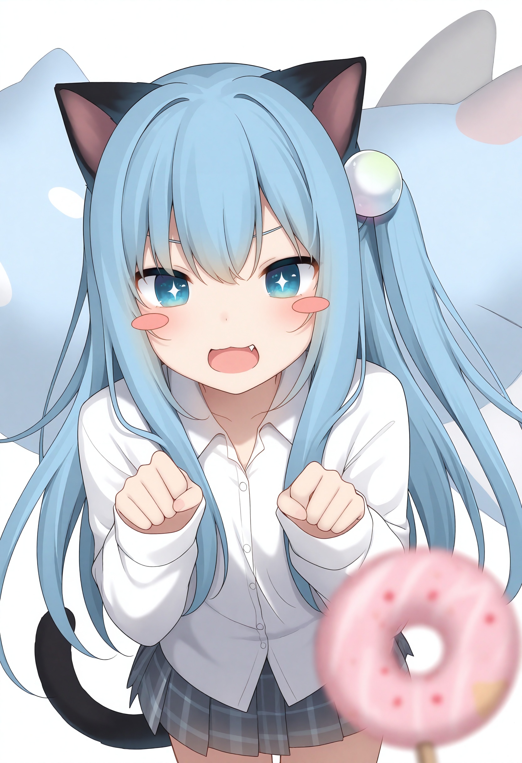 slit_pupils,amashiro natsuki, CHARACTERS-nekohashizuku, 1girl, animal_ears, blush_stickers, tail, cat_tail, cat_ears, skirt, shirt, white_shirt, blue_hair, pleated_skirt, !, hood, hood_down, grey_skirt, food, hair_ornament, bow, solo, blue_bow, sleeves_past_wrists, hooded_jacket, fang, depth_of_field, jacket, hair_between_eyes, +_+, :d, doughnut, plaid, cat_girl, plaid_skirt, black_jacket, hairclip, collared_shirt, smile, blurry, long_hair, v-shaped_eyebrows, long_sleeves, blurry_foreground, open_mouth, white_background, blue_eyes, dress_shirt, blush, symbol-shaped_pupils, animal_hood, very_long_hair,masterpiece, best quality, newest, highres, absurdres, newest,