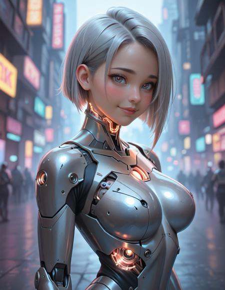 (masterpiece, best quality), 1 girl, Fair-skinned, blush, silver short cut hair, dark-gray eyes, (large breast:0.8), smile, standing, upper body, (bronze metallic, mechanical bodysuit, glowing parts), look at viewer, cyberpunk city, in focus with blurred background