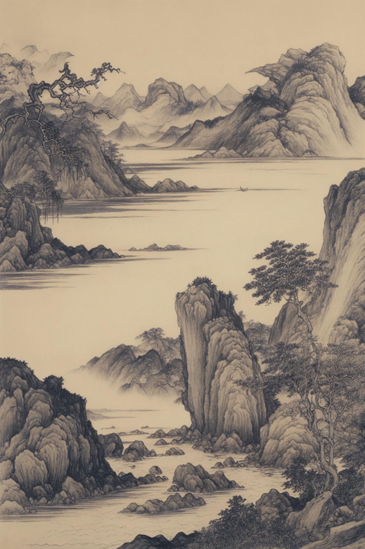 monochrome, mountain, no humans, plant, scenery, traditional media, tree, wings, yshanshui,<lora:SD1.5_YShanshui.64:0.6>