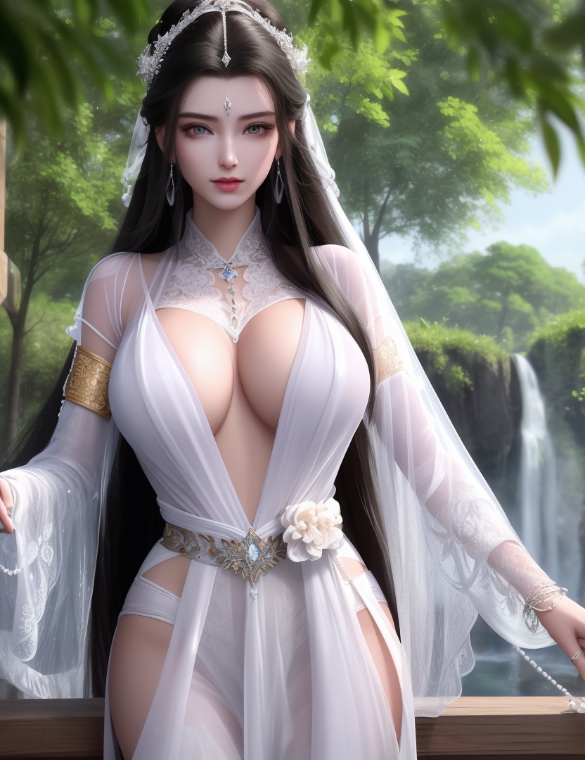 ultra realistic 8k cg, picture-perfect face, flawless, clean, masterpiece, professional artwork, famous artwork, cinematic lighting, cinematic bloom, perfect face, beautiful face, beautiful eyes, ((perfect female body, narrow waist)),fantasy, dreamlike, unreal, science fiction, huge breasts, beautiful clothes, lace, lace trim, lace-trimmed legwear, absurdly long hair, very long hair, (rich:1.4), prestige, luxury, jewelry, diamond, gold, pearl, gem, sapphire, ruby, emerald, intricate detail, delicate pattern, charming, alluring, seductive, erotic, enchanting, hair ornament, necklace, earrings, bracelet, armlet,(((((1girl, pov, outdoors, , ))))) , <lora:DA_YueYao:0.6>