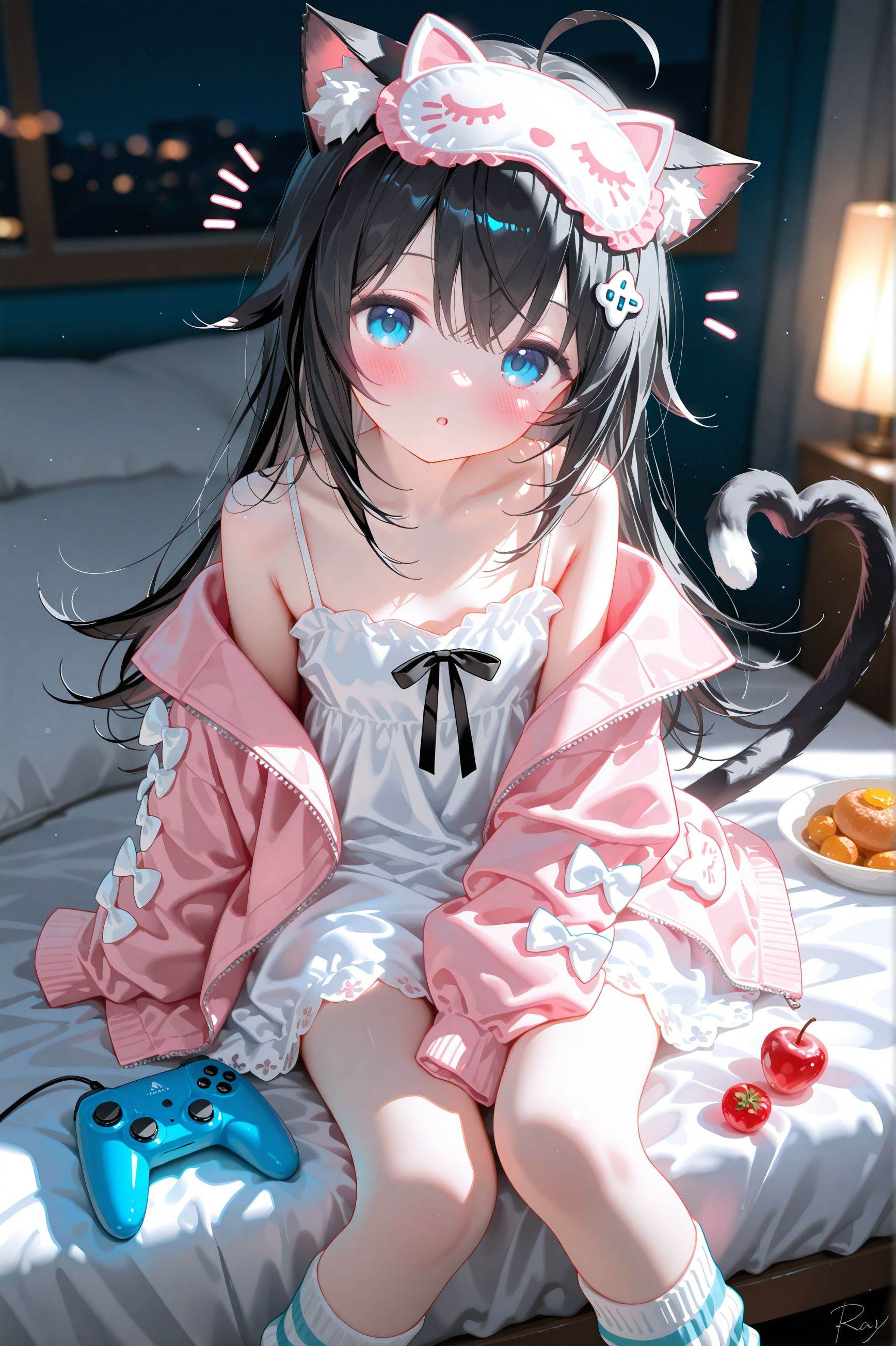 masterpiece,very aware,highres,absurdres,newest,best quality,high quality,loli,petite,chromatic_aberration,Light Blue Theme,lens_flare,dynamic_angle,cinematic_angle,//,1girl,solo,long hair,looking at viewer,blush,bangs,blue eyes,black hair,hair ornament,long sleeves,dress,bow,animal ears,hair between eyes,bare shoulders,sitting,collarbone,jacket,tail,ahoge,heart,parted lips,food,open clothes,socks,puffy sleeves,virtual youtuber,cat ears,signature,off shoulder,white dress,:o,open jacket,cat tail,animal ear fluff,sleeves past wrists,pillow,mask,feet out of frame,white bow,cat girl,camisole,puffy long sleeves,sleeves past fingers,heart hair ornament,tail ornament,notice lines,controller,mask on head,pink jacket,loose socks,cat hair ornament,white camisole,striped socks,eye mask,heart tail,sleep mask //,official art,depth of field,detailed light,blurry background,best shadow,shiny skin,cinematic lighting,ray tracing,amazing quality,very aesthetic,absurdres,beast quality,ultra detailed,newest,8K,HDR,
