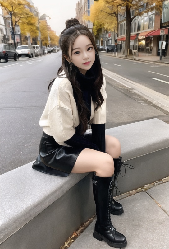 1girl, kneehigh boots,black,outdoors, city, street,square, sitting on bench,miniskirt,sweater,autumn,full body, <lora:kneehighboots:0.8> <lora:koreanDollLikeness_v20:0.7> 