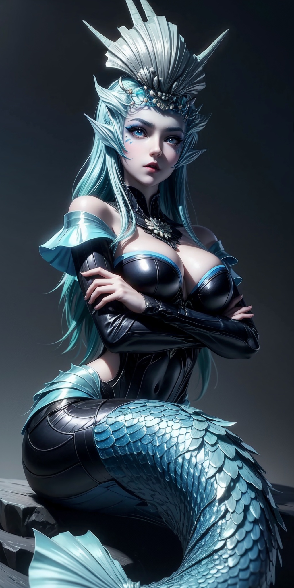 masterpiece,best quality,illustration,anime,simple gray background,1,solo,1girl,blue hair,monster girl,crossed arms,long hair,blue eyes,feathers,blue skin,mermaid,sitting,colored skin,breasts,makeup,<lora:add_detail:1>,<lora:_20240307205553:0.7>,