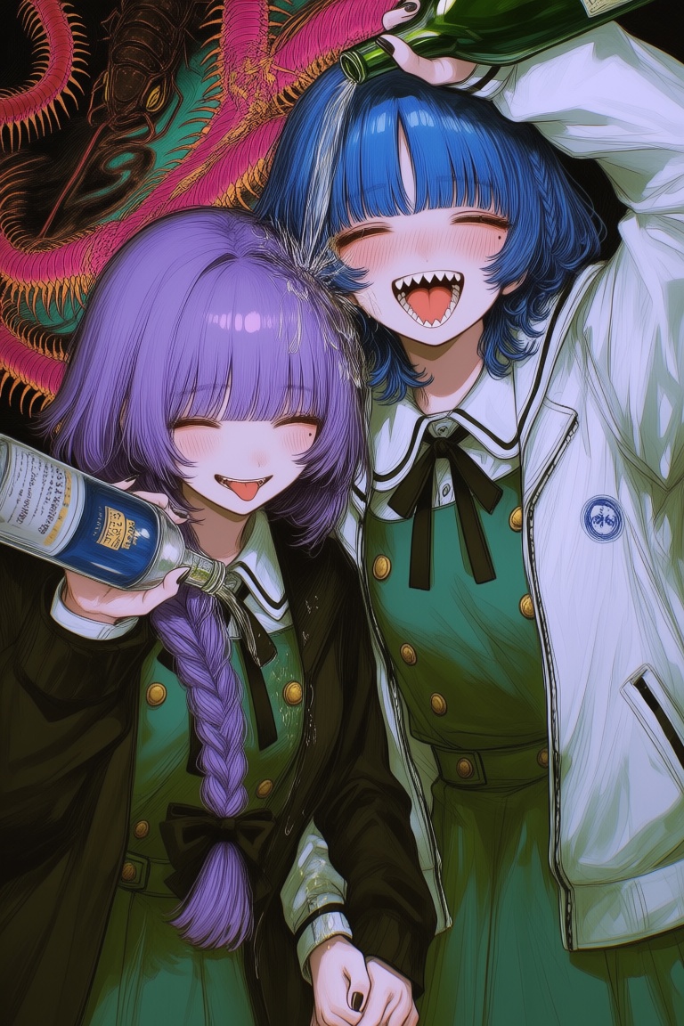 2girls,  black nails,  blue hair on Tensor.Art