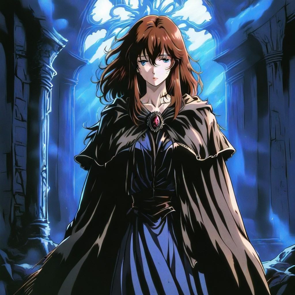 Dark fantasy retro illustration,  melancholic lone character standing in ruins,  long cloak flowing in cold wind on Tensor...