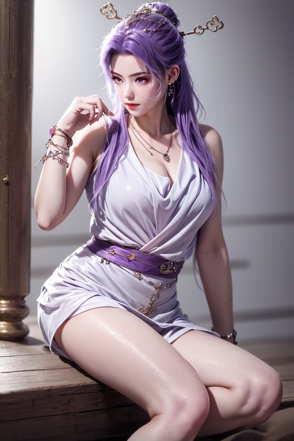 <lora:01云霄第一版:1>,1girl,jewelry,purple hair,solo,necklace,sitting,long hair,ponytail,dress,bracelet,hair ornament,white dress,arm up,bare legs,closed mouth,