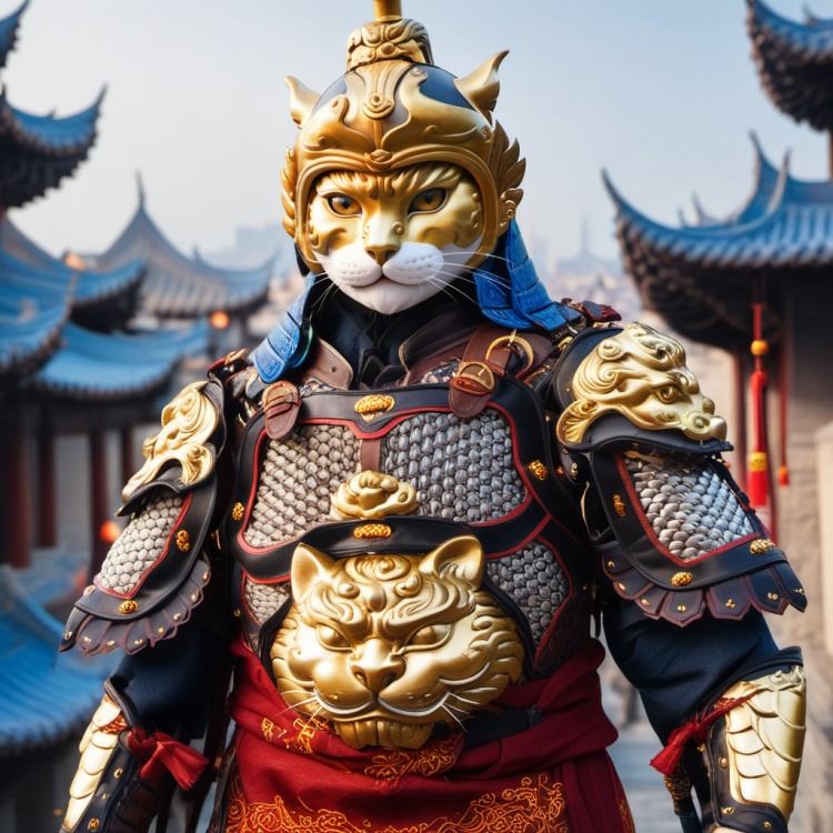 Chinese_armor,Armor of the Kingdom of Jin,armor,a cat,solo,city background,shoulder_armor,helmet,(masterpiece:1.2),(best quality:1.2),perfect eyes,perfect face,perfect lighting,(8K),(perfect anatomy),realistic,(highres),detailed_eyes,full body,<lora:myzXL:1>,<lora:add_detail:1>,<lora:Qige中国甲胄(Chinese_armor)SDXL_v1.0:1>,