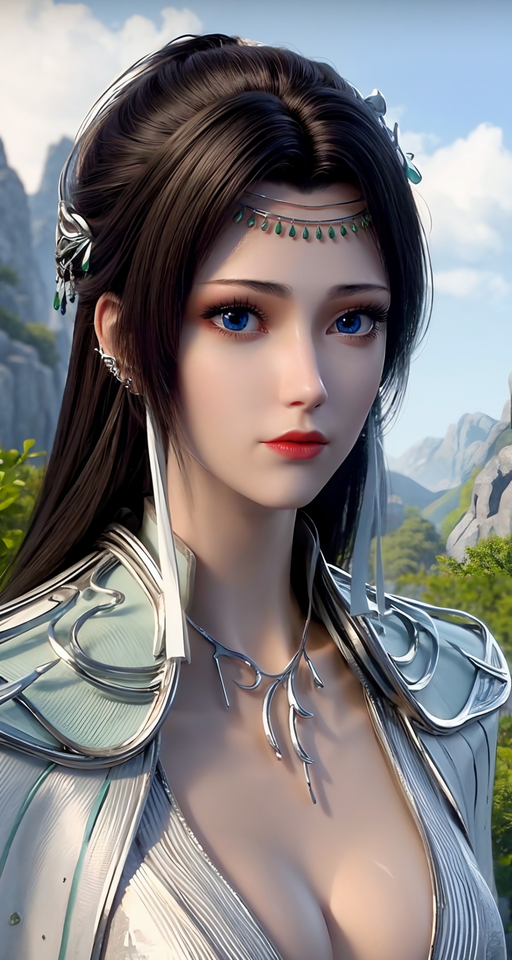 1girl,solo,jewelry,necklace,long hair,blue eyes,(looking_at_viewer:1.3),hair ornament,white dress,purple hair,tassel earrings,headpiece,fair_skin,<lora:add_detail细节增加:0.8>,scenery,outdoors,sky,day,mountain,cloud,nature,cliff,forest,incredibly absurdres,realistic,reality,expressionless,<lora:云韵:0.7>,close-up,face_focus,portrait,