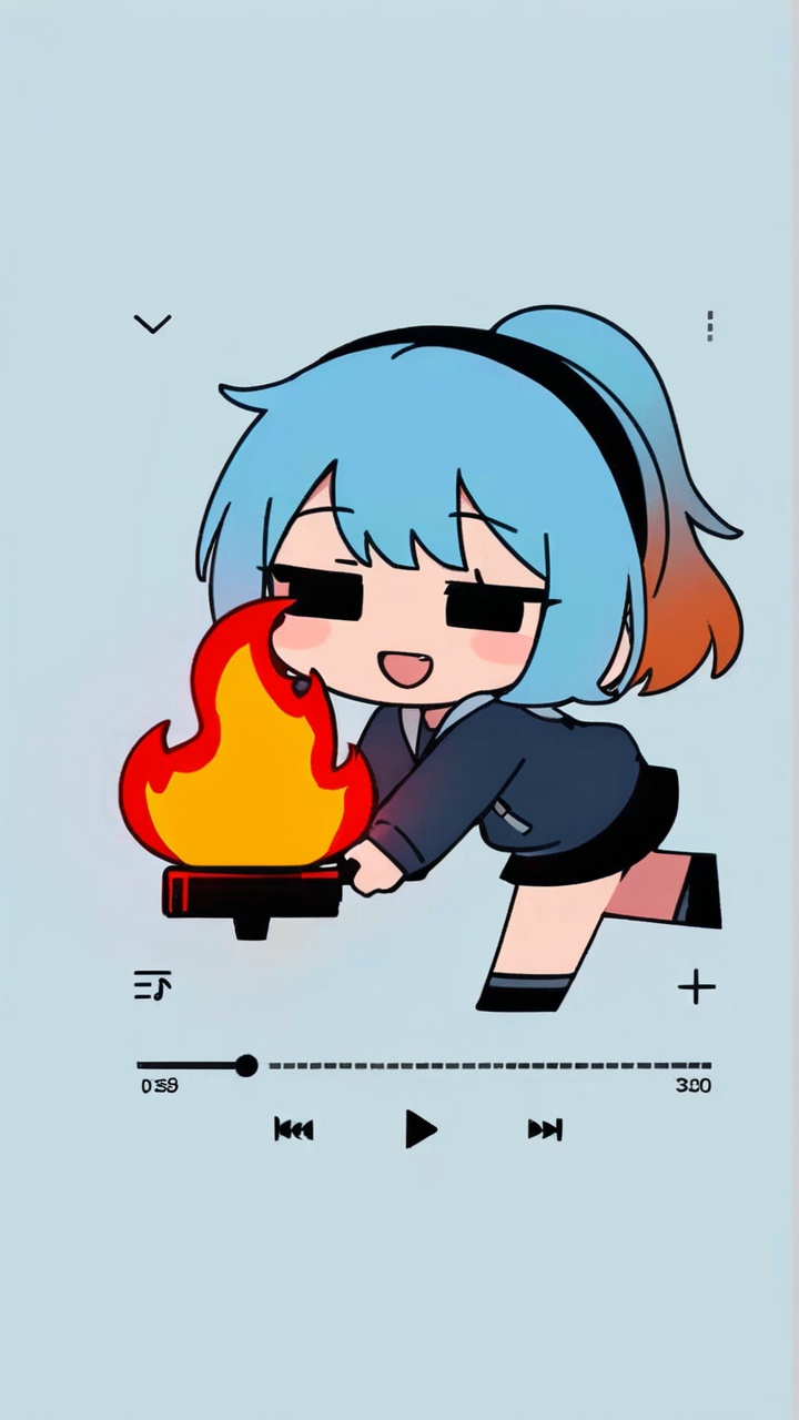 masterpiece, best quality, <lora:mikuoeo-xl-a3.1:1>,1girl, solo, fire, chibi, grey background, smile, blue hair, open mouth, simple background, full body, skirt, :d, long sleeves, blush stickers, solid oval eyes, black skirt, short hair, bangs, standing, black footwear, hood, ponytail, hoodie, hairband