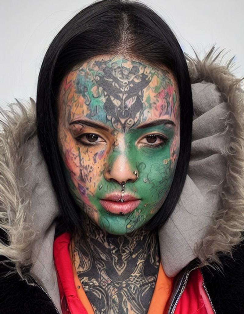 a close up of a 1girl,  with tattoozfcs on their face and a person and a person with tattoozfcs on their face,  dragon ski...