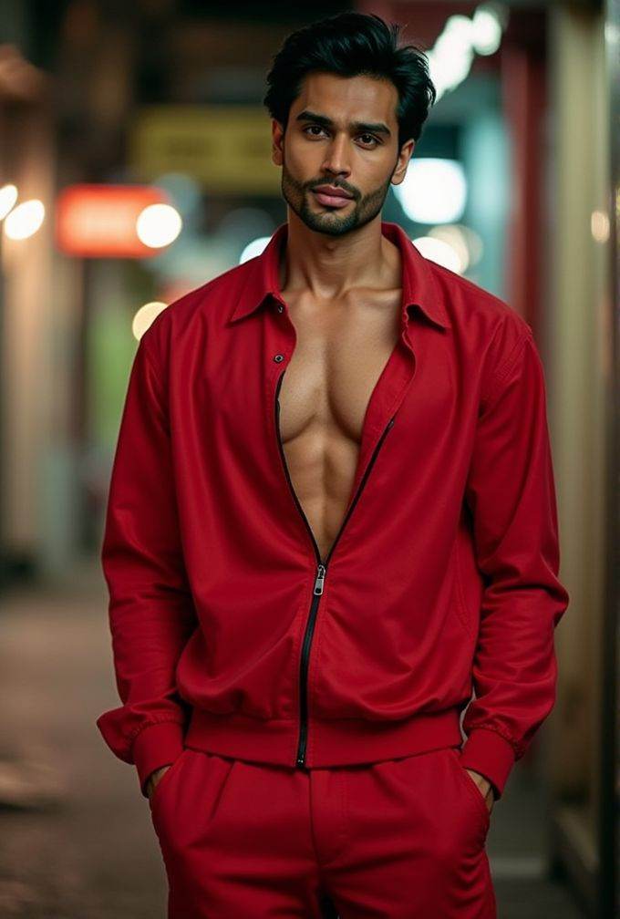 Rohit Khandelwal ,  realistic photo in a worn ((skin-revealing skimpy erotic red tracksuit,  massive pecs)) on Tensor.Art
