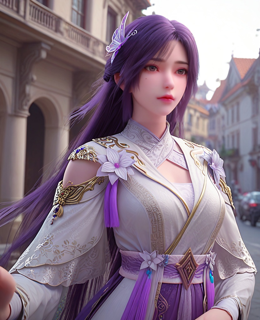 (oriental architecture, elegant decor, sophisticated style:1.1),spread arms,(breasts:1.2),<lora:XL完美世界云曦易容>,miss moxi,solo,white dress,sash,purple fart curtain,shawl,clothing cutout,long sleeves,shoulder cutout,brown eyes,purple hair,long hair,butterfly hair ornament,flower ornament,tassel,lips,jewelry,, zPDXL2, score_9, score_8_up, score_7_up BREAK realistic, masterpiece,best quality, highly detailed,, zPDXL3, zPDXL2,zPDXL, zPDXLxxx, zPDXLrl,