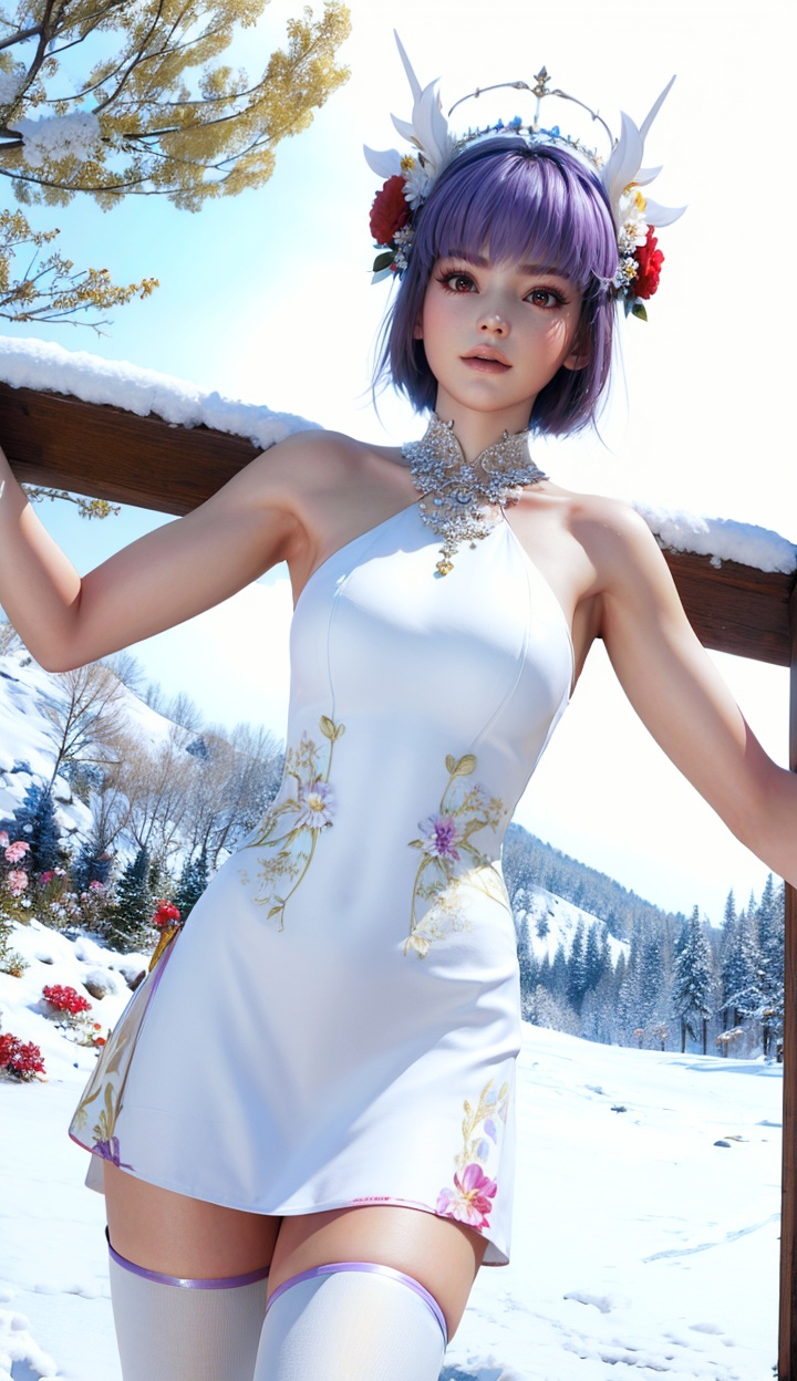 masterpiece,highres,1girl,solo,red eyes,sfw,<lora:add_detail:0.3>,thighhighs,((beautiful Dress+stocking):1.25),((flower headdress:1.45)),((white theme:1.5)),snow,outdoors,snowflakes,sleeveless,3D graphics,looking_at_viewer,ayane,front view,<lora:ayane-000004:0.7>,