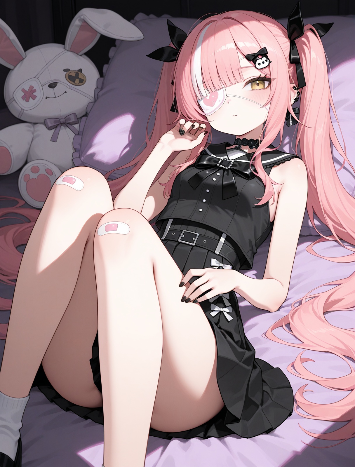 <lora:z47_IL_v2.0:1>,z47,eyepatch,solo,jirai kei,black nails,black skirt,bare arms,stuffed toy,, masterpiece,best quality,