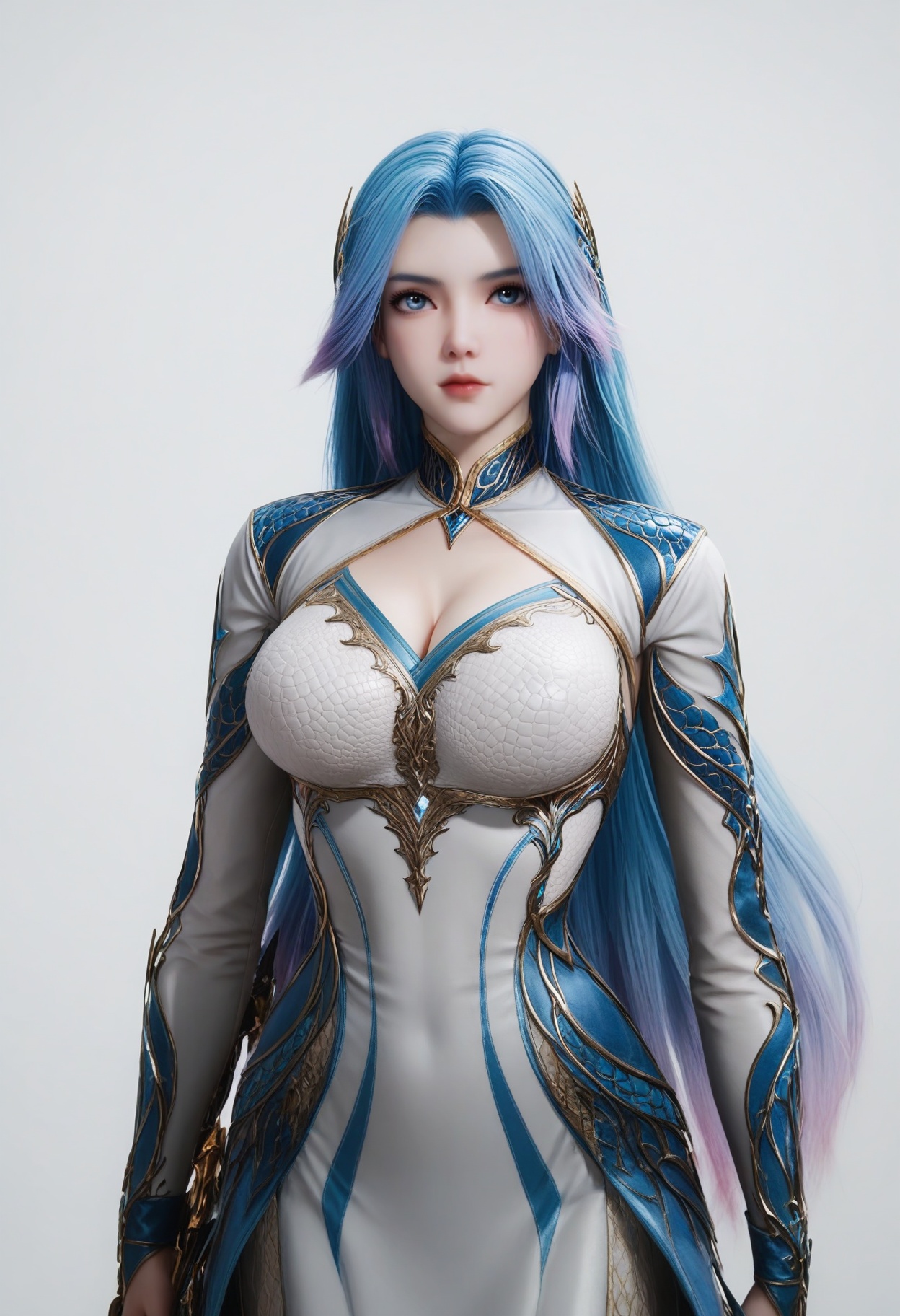 score_9,<lora:SF_WangQiuEr_Pony_Realism2.3-000004:0.7>,1girl,solo,armor,large breasts,blue hair,blue eyes,hair ornament,standing,long hair,gradient hair,two-tone hair,fair_skin,white_skin,Ivory_skin,looking at viewer,white background,