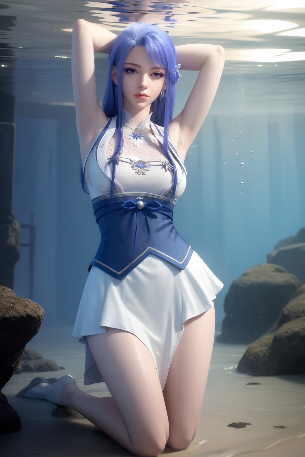 1girl,underwater,submerged,floating hair,air bubble,holding breath,see-through,masterpiece,best quality,highly detailed,fish,(wide hip:1.2),jellyfish,earrings,hair ornament,sea weed,coral reef,shark,sea turtle,sexy pose,kneeling,chinese dress,chinese clothes,big breasts,(looking at viewer:1.2),black pantyhose,arms up,torn pantyhose,blue hair