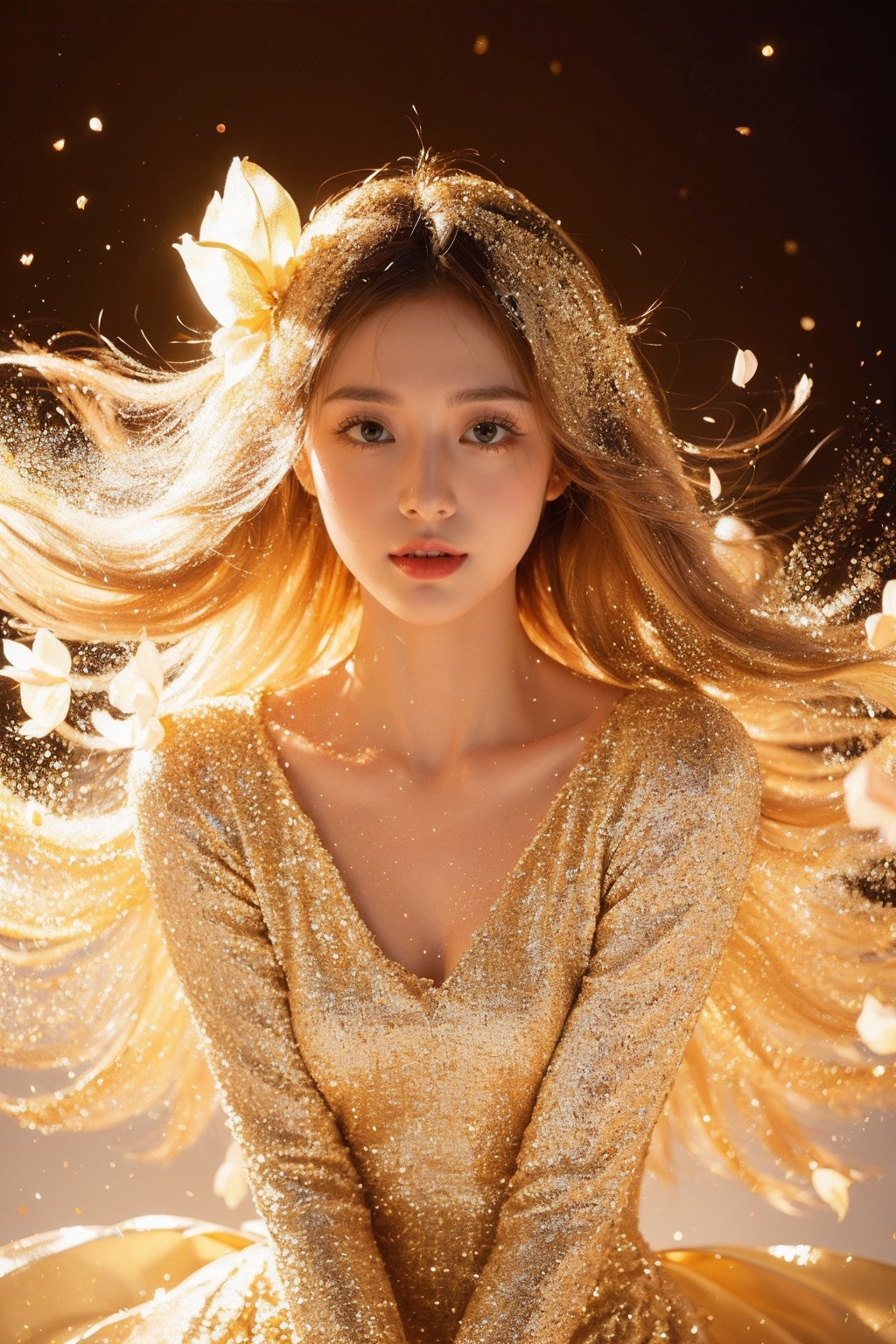 (1girl:1.1),stars in the eyes,(pure girl:1.1),(full body:0.6),There are many scattered luminous petals,contour deepening,white_background,cinematic angle,gold powder,<lora:jin_20231226224140-000003:0.7>, 