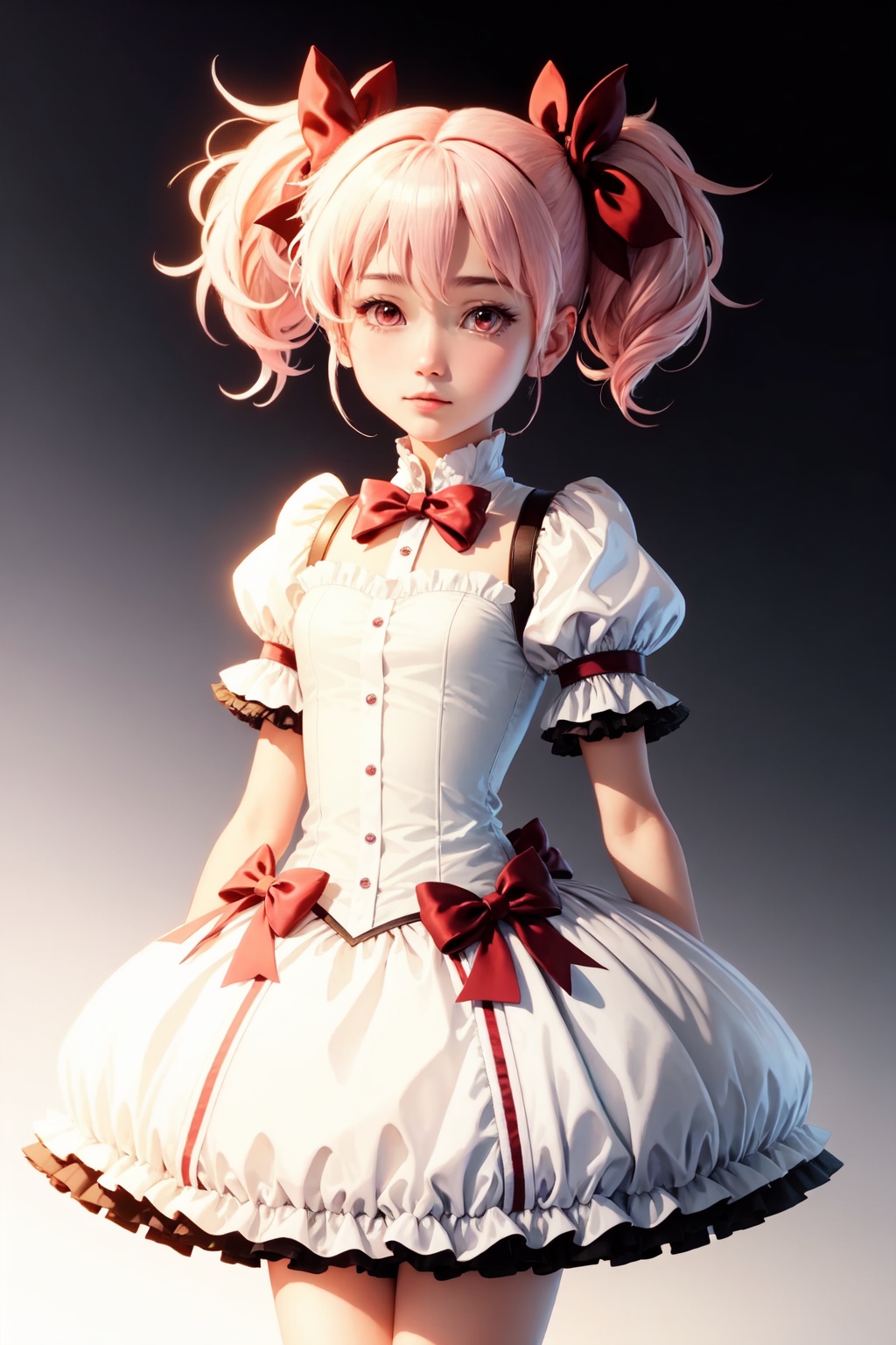masterpiece,best quality, highly detailed, kaname_madoka,1girl,solo,short_twintails,white_gloves,magical_girl,puffy_short_sleeves,looking_at_viewer,white_background,blush,simple_background,hair_ribbon<lora:kaname_madoka:1>,simple background,white background