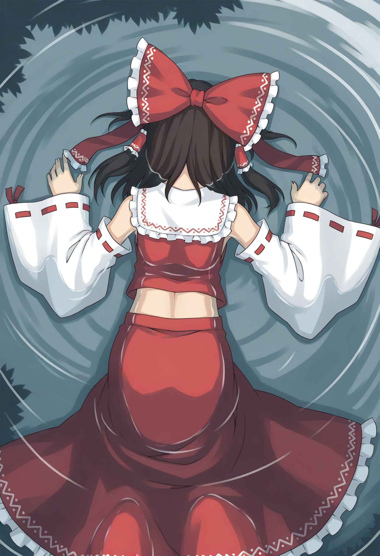 1girl,solo,hakurei reimu,water,floating,back focus,from above,lying,