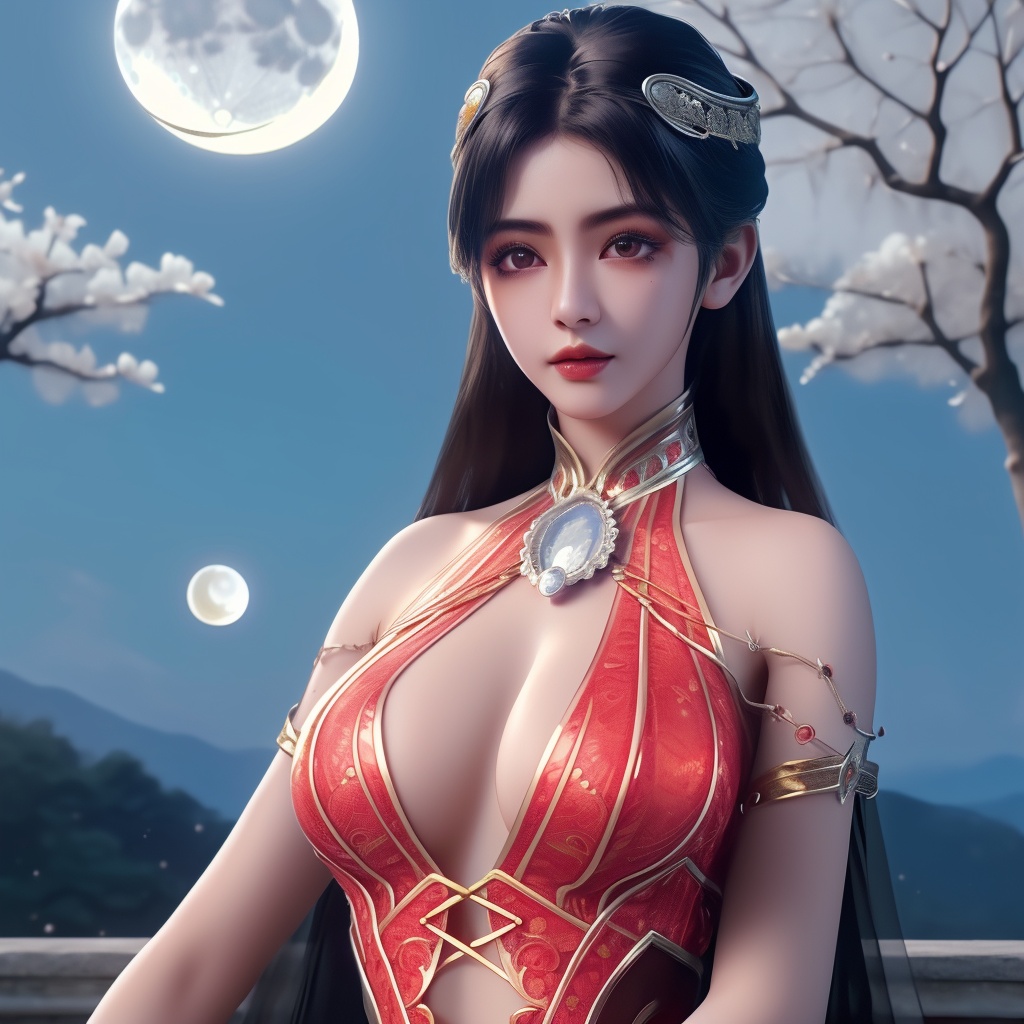 <lora:780-DA-神澜奇域-主持人:0.8>, (,1girl, ,best quality, ),looking at viewer,  ,ultra detailed background,ultra detailed background,ultra realistic 8k cg, ,masterpiece, (( , )),, ,fiction,mole,,      ,(cleavage),,  (),  ,see-through, lace, (((, solo, moon, , bare_tree, )))(cleavage),,