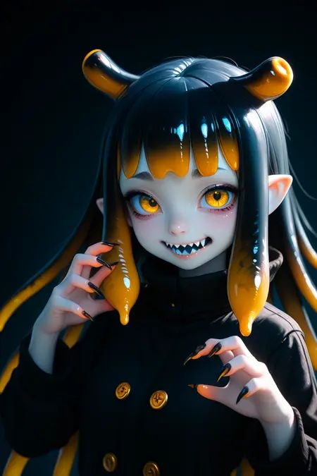 1girl, pale skin, tentacle hair, long hair, sharp teeth, sharp nails, dark sea background, bioluminescent glow, upper body, curious expression, masterpiece, best quality