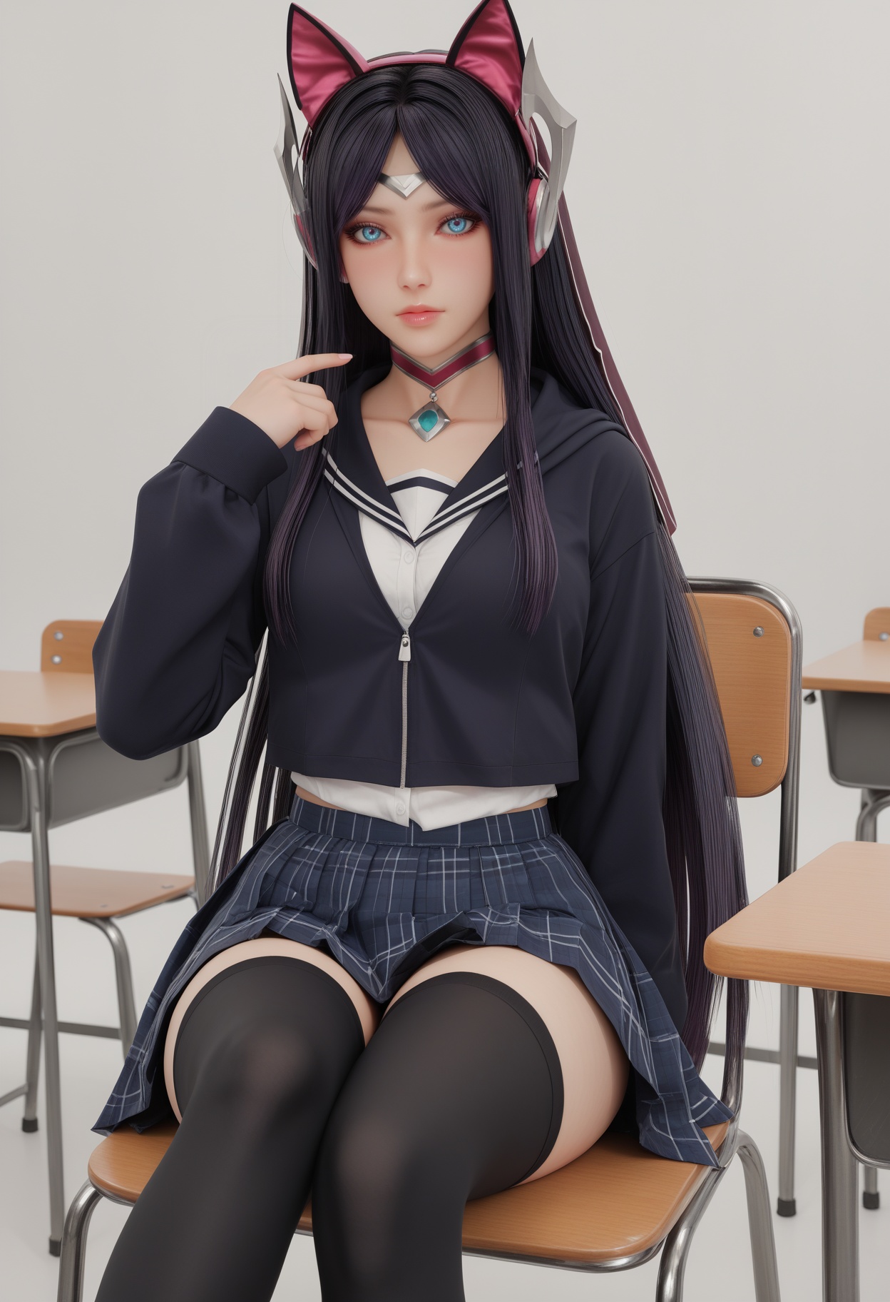 (score_9),light blush,1girl,solo,<lora:艾瑞利亚-Apony-000009:0.83>,arily,dark purple hair,long hair,choker,forehead ornament,blue eyes,animal ear headphones,school_uniform,hoodie,blouse,skirt,groin,navel,groin tendon,thighhighs,black thighhighs,BREAKsolo focus,front view,looking at viewer,crossed legs,sitting,<lora:e肤色滑块:0.6>,(white_skin),(light_skin),simple background,white background,classroom,desk,chair,