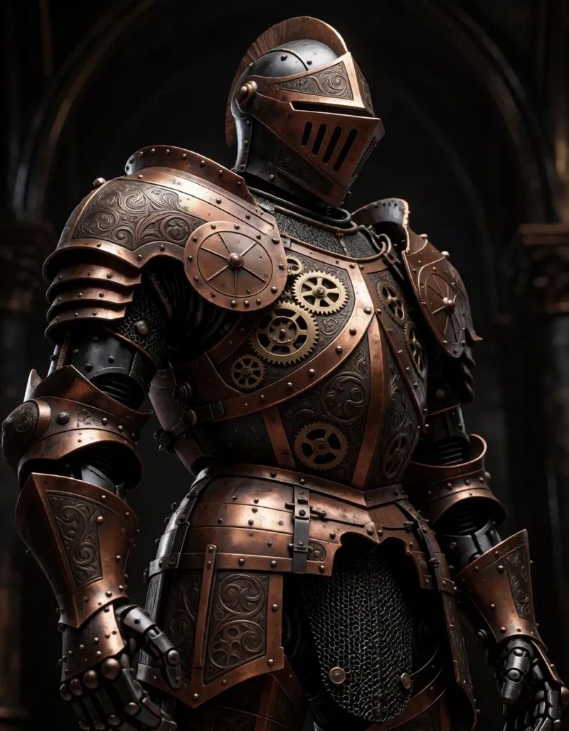 a mechanical knight with engraved copper armor and exposed gears,  with black lacquer synthetic surfaces and jewel-like in...