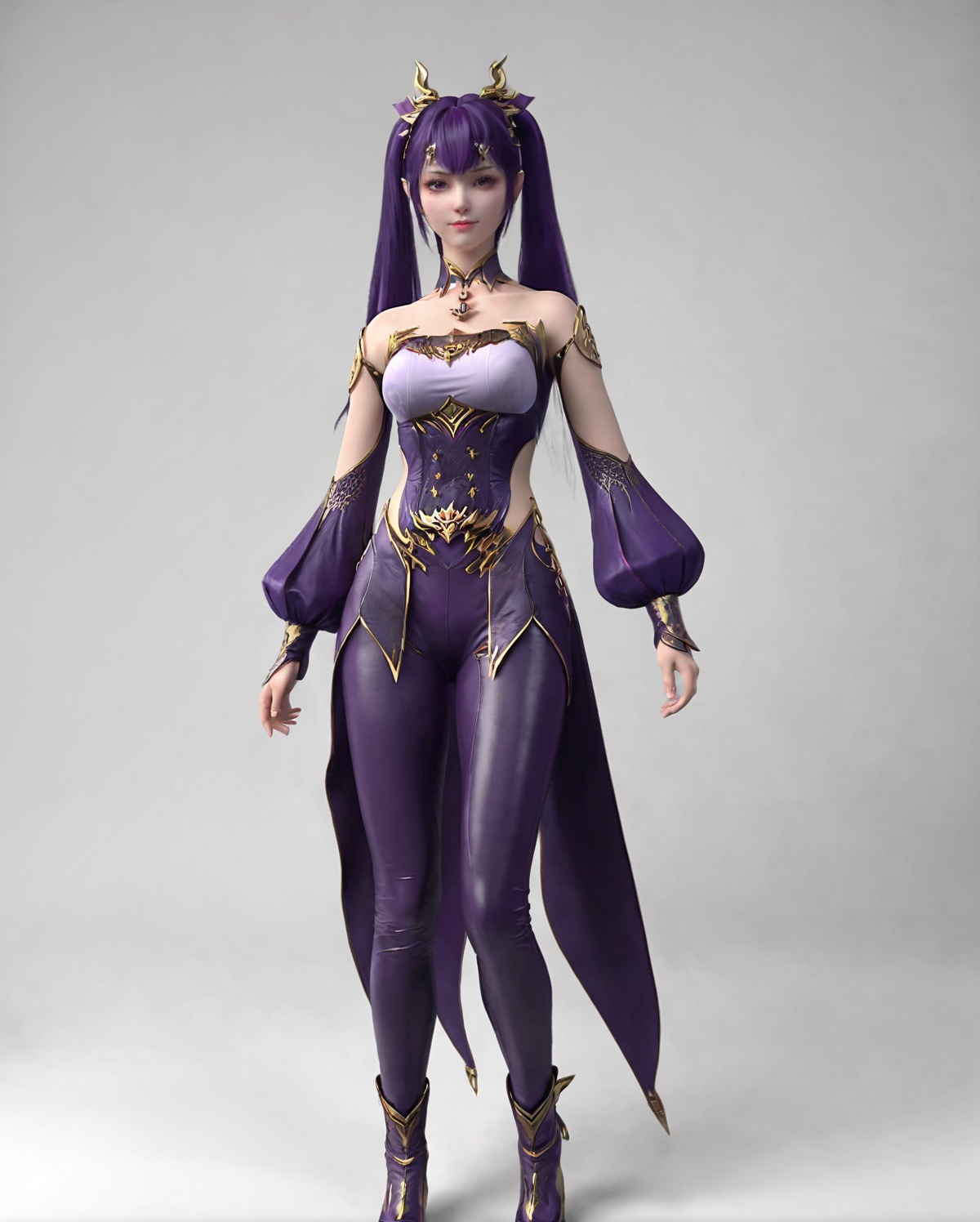 <lora:SF_DaZiYan_Pony_Realism-000004:0.7>,1girl,solo,dress,bangs,purple hair,twintails,leather pants,detached sleeves,hair ornament,standing,looking at viewer,white background,