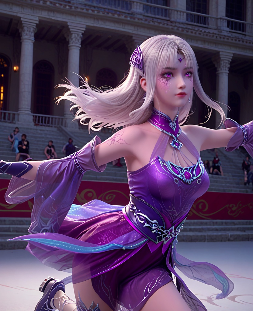 (oriental architecture, elegant decor, sophisticated style:1.1),(ice skating, spinning, jumping over camera:1.1),(breasts:1.2),<lora:XL斗破苍穹小医仙P:0.85>,elder sister,purple dress,white hair,(purple eyes:1.1),bangs,hair ornament,bare shoulders,purple veil,jewelry,fingerless gloves,sash,(facial tattoo:1.2),(cracked skin:1.2),, score_9,score_8_up,score_7_up,score_6_up,score_5_up,score_4_up,3d rendering,tag1,tag2, Cinematic Lighting,backlighting,
