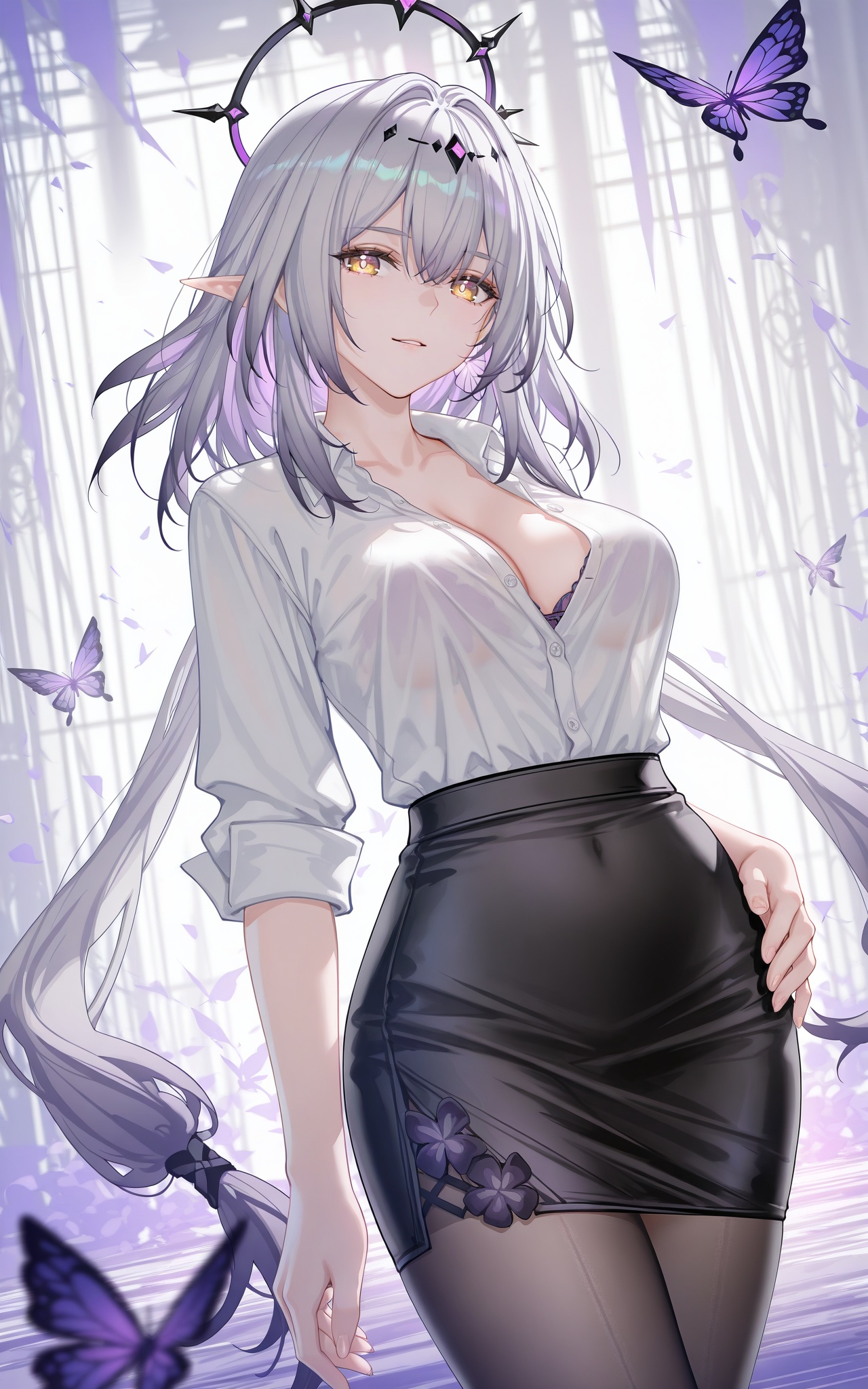 8k,best quality,masterpiece,(ultra-detailed),(high detailed skin),((artist:reoen),(artist:fuzichoco),(artist:atdan),(artist:torino_aqua),year 2024:0.8),[artist:wlop],[artist:ningen_mame],artist:ciloranko,[[artist:rhasta]],artist:tidsean,colorful,<lora:xl-ill-castorice(honkai_star rail)_v1-000010:0.8>,castorice\(honkai:star rail\),1girl,shirt,skirt,long hair,solo,white shirt,looking at viewer,black skirt,hand on hip,yellow eyes,smile,pencil skirt,collared shirt,breasts,cowboy shot,bangs,very long hair,dress shirt,glowing,sleeves rolled up,collarbone,see-through,long sleeves,parted lips,shirt tucked in,miniskirt,glowing eyes,standing,medium breasts,arm at side,hair between eyes,butterfly,purple atmosphere,<lora:xl-ill-Detail enhancement-v1:0.6>,Detail enhancement,