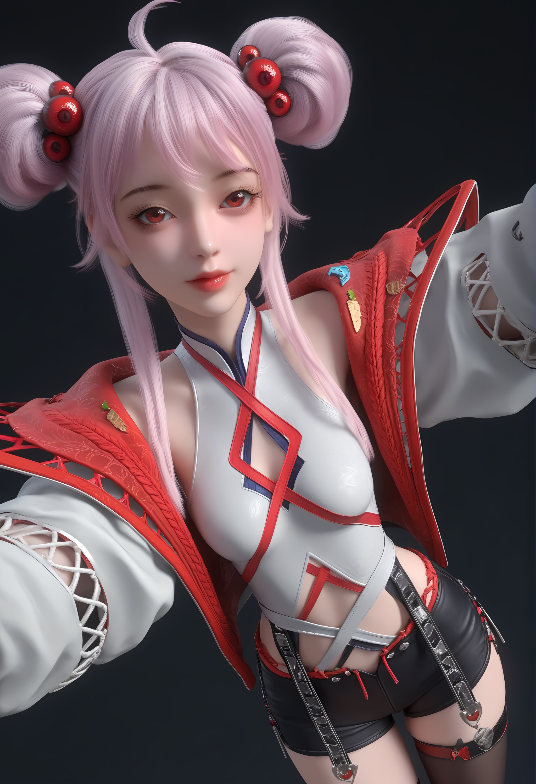 (score_9),<lora:炙珠-apony-000009:0.85>,zizhu,1girl,solo,red eyes,double bun,hair ornament,pink hair,ahoge,open jacket,sleeveless topwear,puffy sleeves,short shorts,single thighhigh,thigh strap,(single_thighhigh),tassel,mature_female,collarbone,BREAK<lora:Expressive_H-000001:0.8>,light blush,Expressiveh,looking at viewer,front view,dutch angle,dynamic_angle,from above,selfie,v sign,closed mouth,<lora:e肤色滑块:0.25>,fair_skin,(pale skin),ultra-detailed skin texture,detailed textures,<lora:皮肤凹痕:1.2>,<lora:RealisticSkinv1_ponyv6_loraplus:0.3>,real skin,BREAKsimple background,black background,<lora:e色温:0.25>,4K ultra HD,sharp focus,high detail,high contrast,