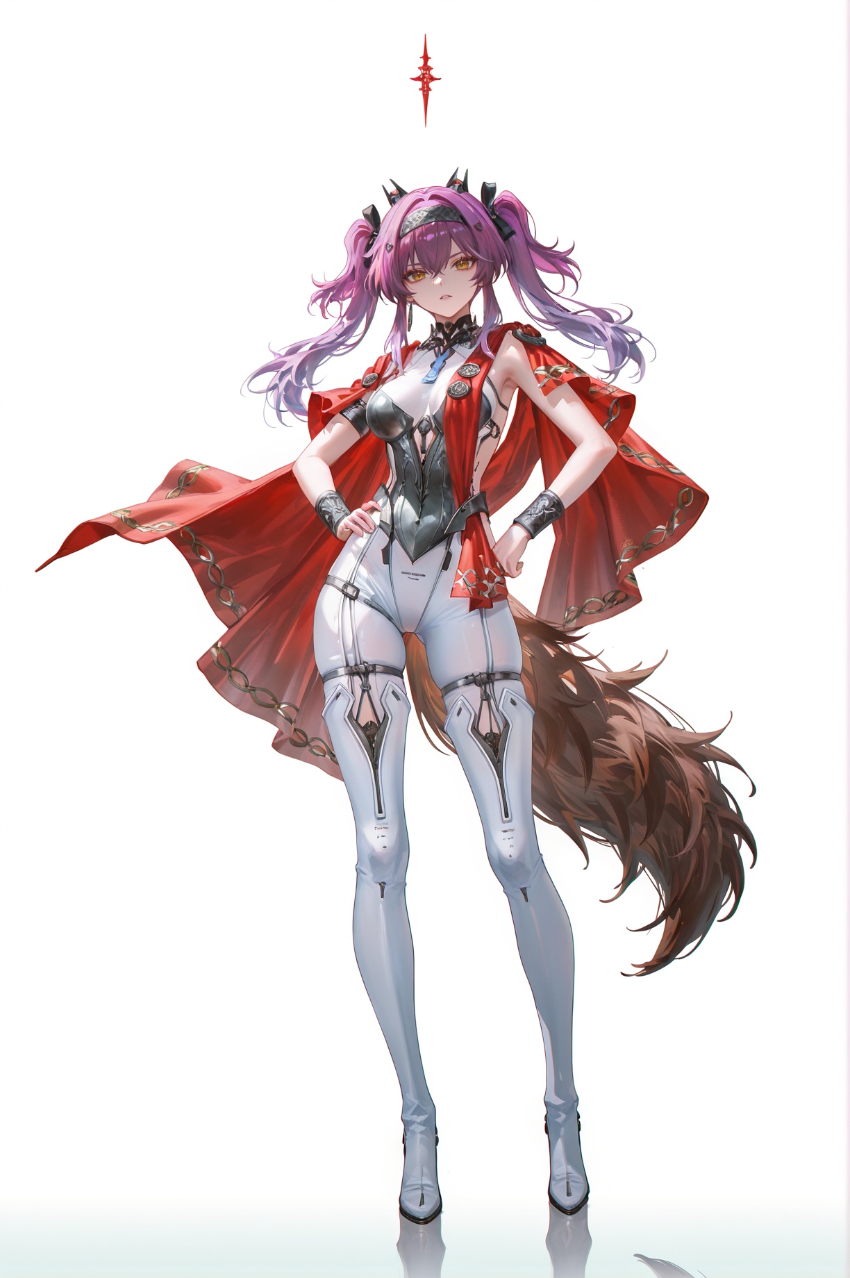 8k,best quality,masterpiece,(ultra-detailed),(high detailed skin),((artist:reoen),(artist:fuzichoco),(artist:atdan),(artist:torino_aqua),year 2024:0.8)1girl,[artist:wlop],[artist:ningen_mame],artist:ciloranko,[[artist:rhasta]],artist:tidsean,colorful,jijia,2d,ambient light,full body,full shot,standing,looking at viewer,(solo:1.2),simple background,(white background:1.2),hand on own hip,(white background:1.1),<lora:lupawave-ill-Tanger:0.8>,lupa \(Wuthering Waves\), clothes: lupadef armed bodysuit, lupa hair ornament, lupadef Red Shawl, 1girl, twintails, breasts, purple hair, yellow eyes, cape, thighhighs