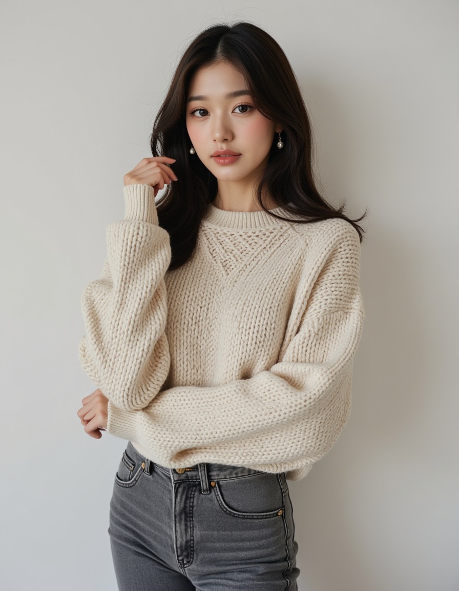 a real picture of a south korea woman,knit sweater,grey_jeans,