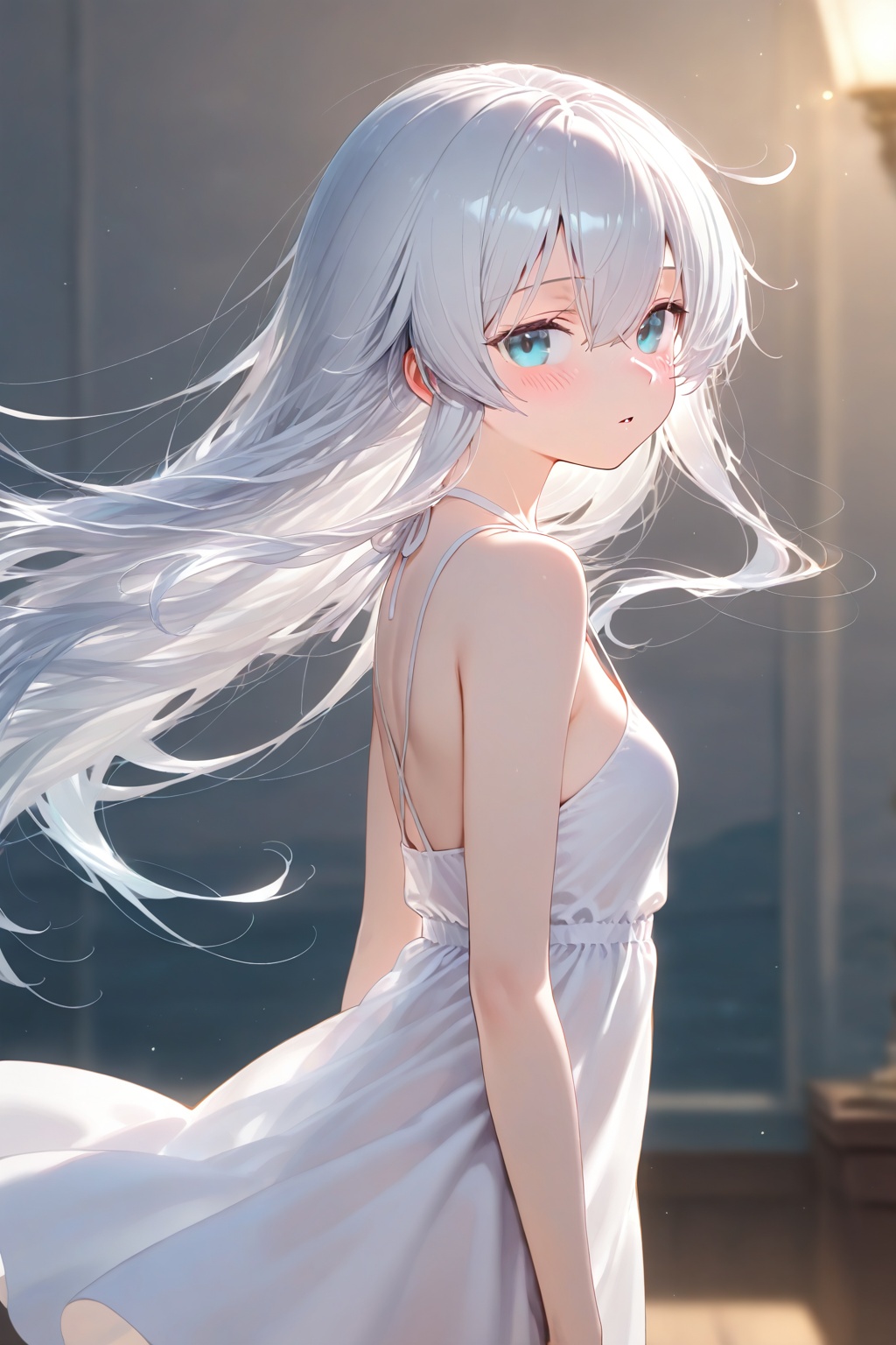 1girl,solo,long hair,breasts,looking at viewer,blush,bangs,blue eyes,dress,hair between eyes,bare shoulders,white hair,small breasts,parted lips,sleeveless,white dress,from side,bare arms,sleeveless dress,wind,hibiki \(kancolle\),