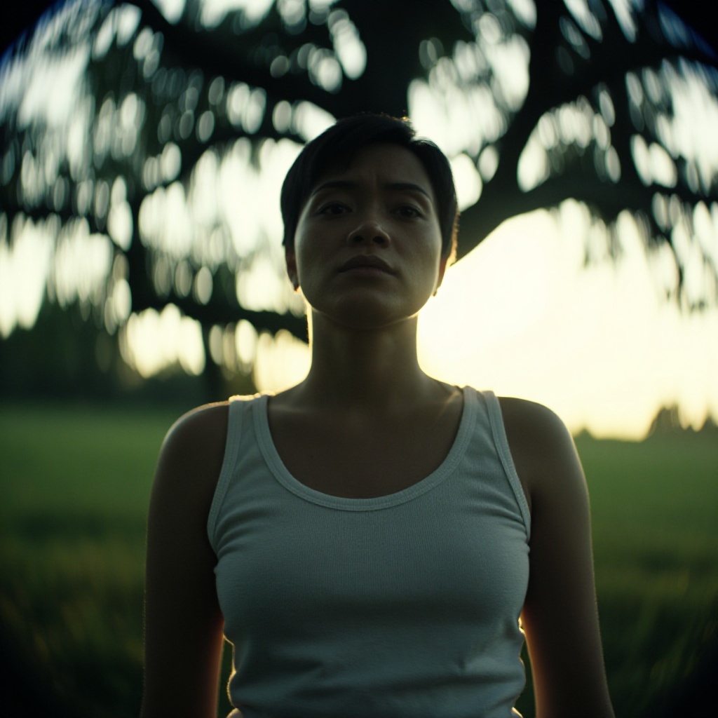 cinematic film still of cinematic style,  a low angle from below of a woman standing in a field with a tree in the backgro...