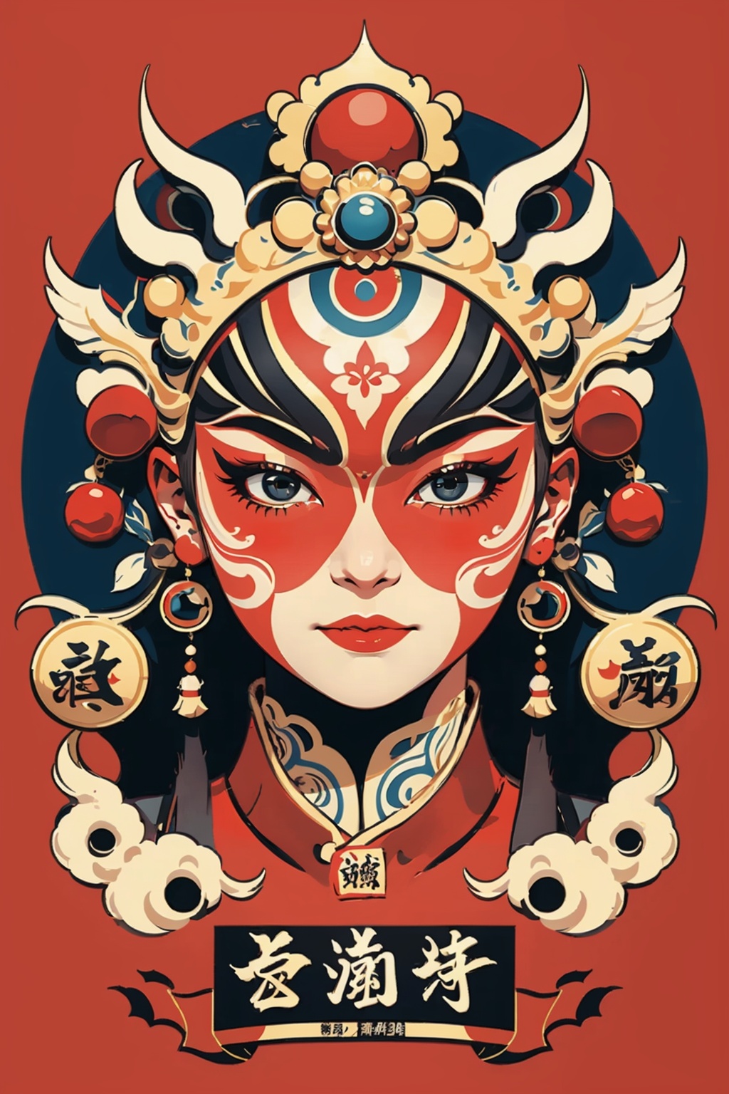 ((masterpiece)), best quality, perfect anatomy,8K wallpaper,mChinaChic, solo, looking at viewer, red background, simple background, closed mouth, beijing opera facial makeup, golden reel banner, chinese text on banner<lora:mChinaChic_v1:0.7>