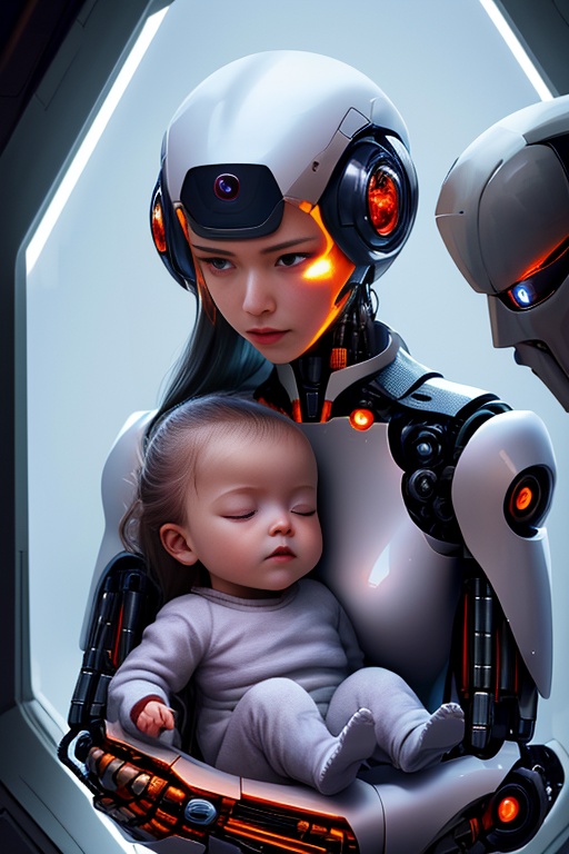 A futuristic robotic beauty with a smooth metallic exterior and glowing eyes,gently holding a human infant in her arms,showing a mysterious and complex expression blending mechanical detachment with a hint of human warmth. The infant sleeps peacefully,protected by this guardian from the future world,high-quality,detailed image of a sci-fi themed scene featuring a robotic character nurturing a human baby,conveying both technological coldness and unexpected tenderness,full shot body photo of the most beautiful artwork in the world featuring a future robot woman cradling a human baby with a mysterious yet complex look,ultra-high definition,sharp focus,vibrant colors,cinematic lighting,digital art by top artists on ArtStation：,<lora:人工智能技术_V1-000008:1>,