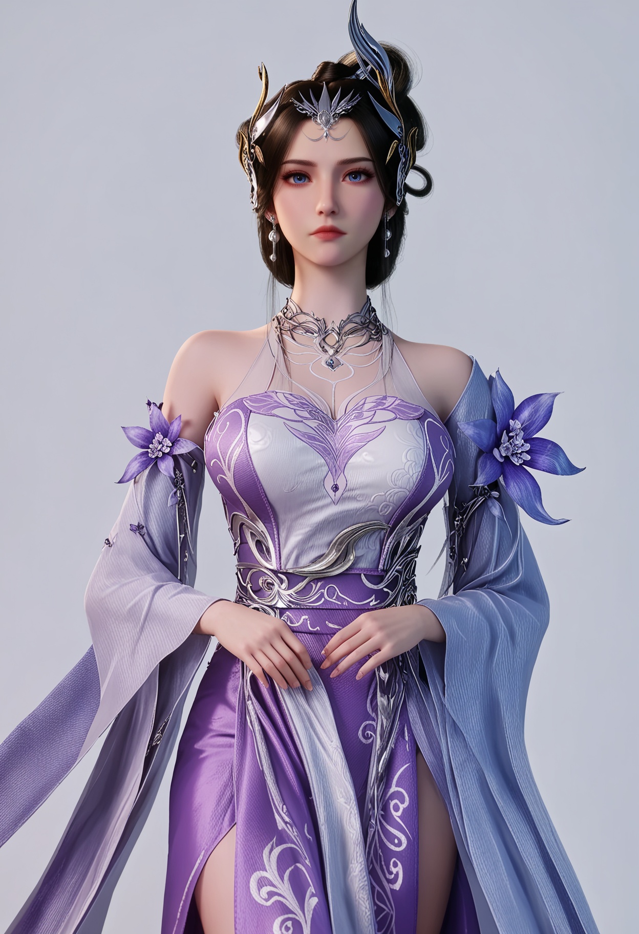 score_9,high detail,best quality,cinematic lighting,volumetric lighting,shiny skin,shiny,1girl,solo,blue eyes,white background,dress,hair ornament,jewelry,expressionless,closed mouth,purple dress,large breasts,black hair,flower,earrings,detached sleeves,bare shoulders,hair bun,simple background,realistic,looking_at_viewer,thighs,<lora:QQSponybaixueV1:0.8>,<lora:Pony_DetailV2.0:0.8>,<lora:皮肤凹痕:0.1>,