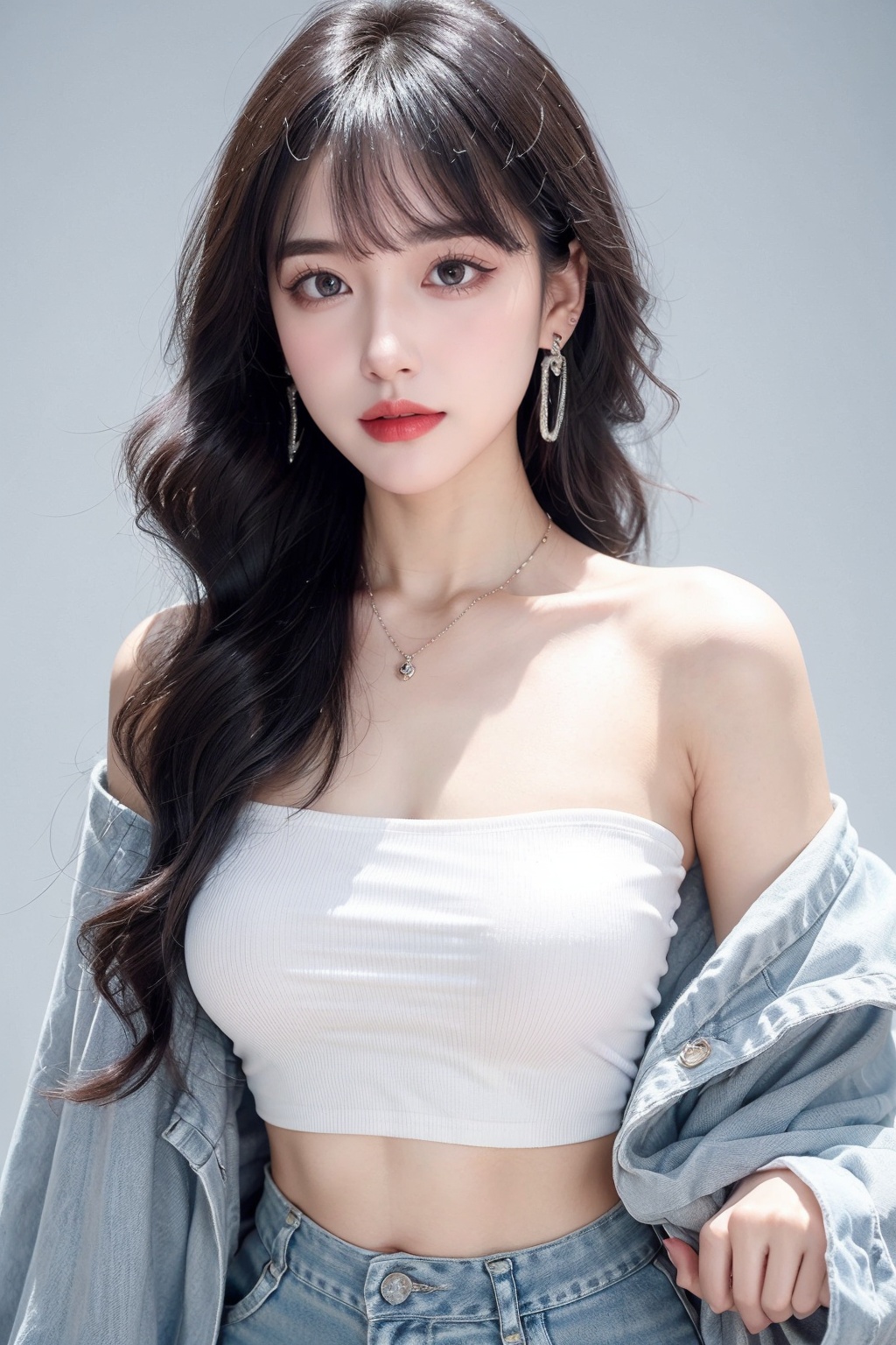 1girl, bangle, bare shoulders, bracelet, breasts, cleavage, collarbone, crop top, ear piercing, earrings, grey eyes, jewelry, long hair, looking at viewer, medium breasts, midriff, necklace, off-shoulder shirt, off shoulder, piercing, shirt, skirt, solo, white hair <lora:女:0.66>