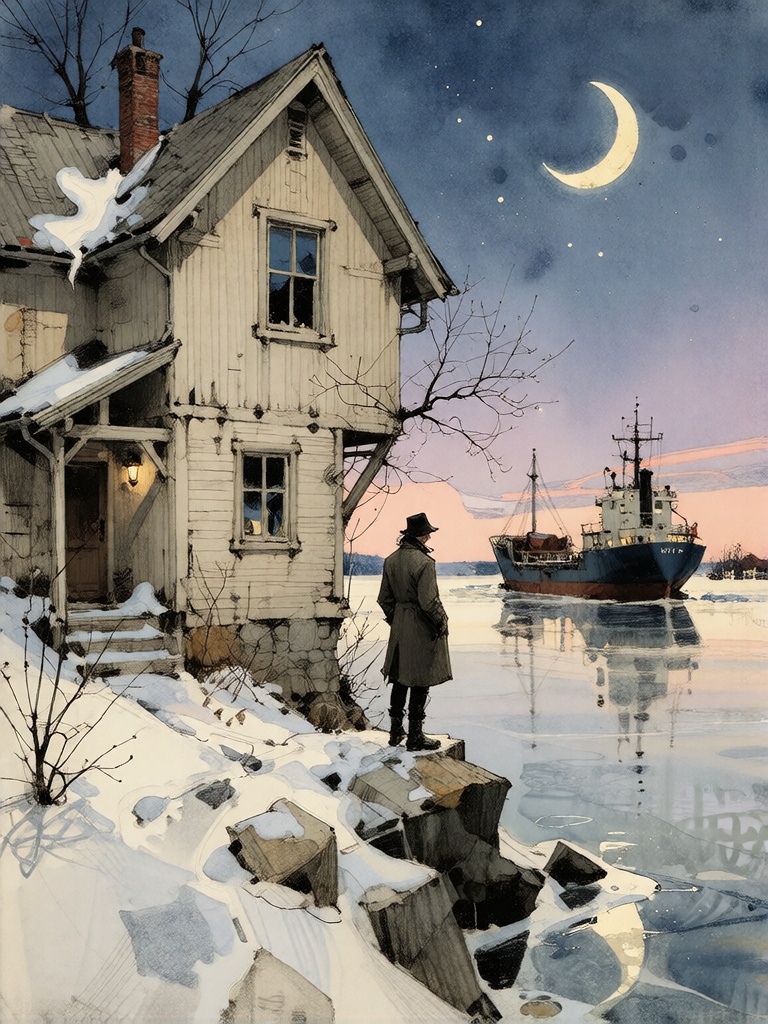 Bradhamel art style. A lone figure in a long coat stands on the edge of a weathered wooden house perched precariously on a...
