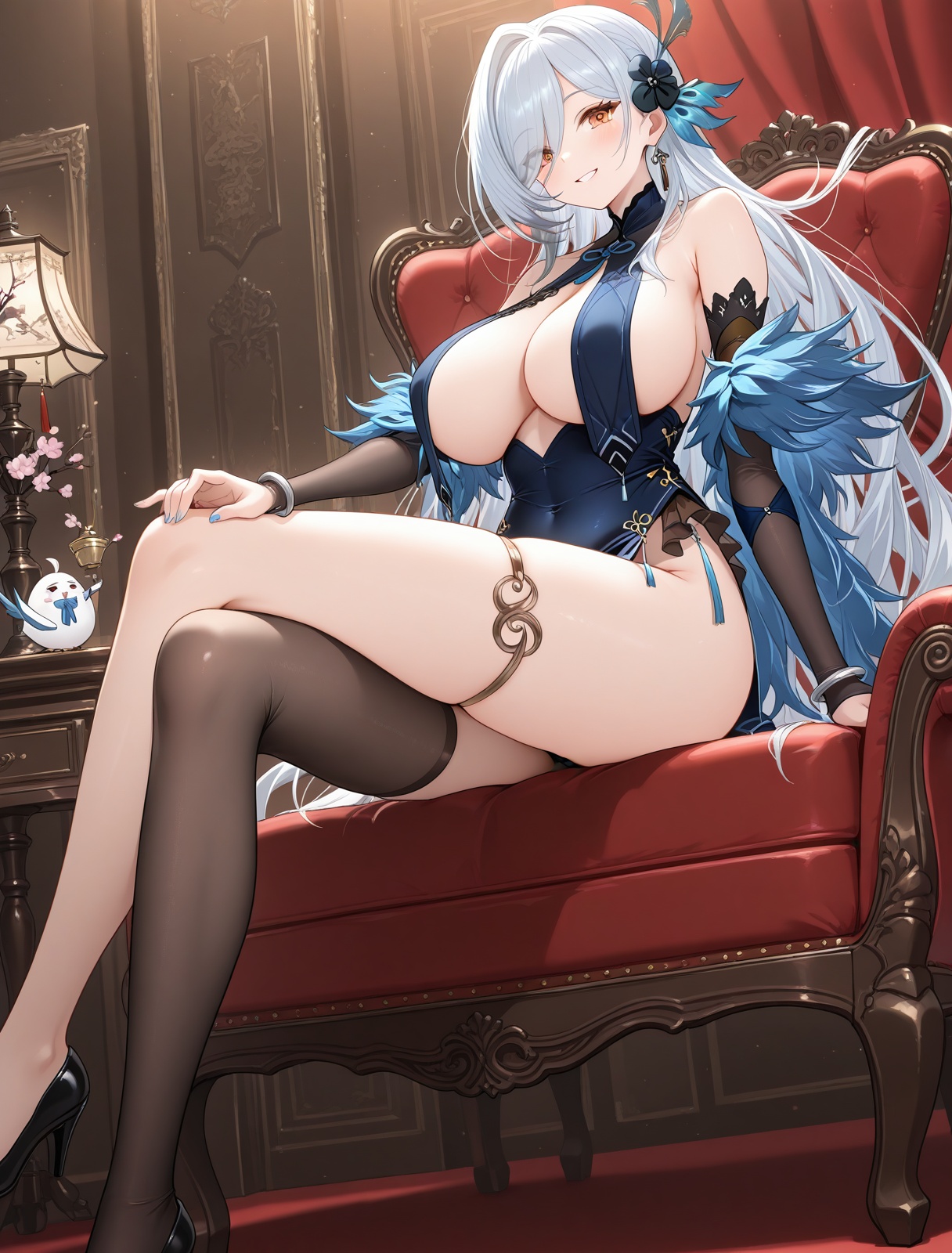 <lora:chang_wu_IL_v1.0:1>,chang wu \(azur lane\),smile,crossed legs,single thighhigh,, masterpiece,best quality,