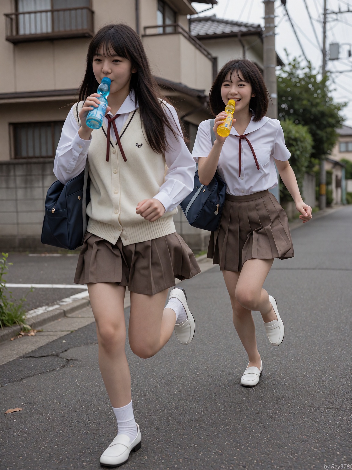 a screengrab from an old japanese schoolgirl movie,  two young women in highschool uniforms running and drinking Ramune on...