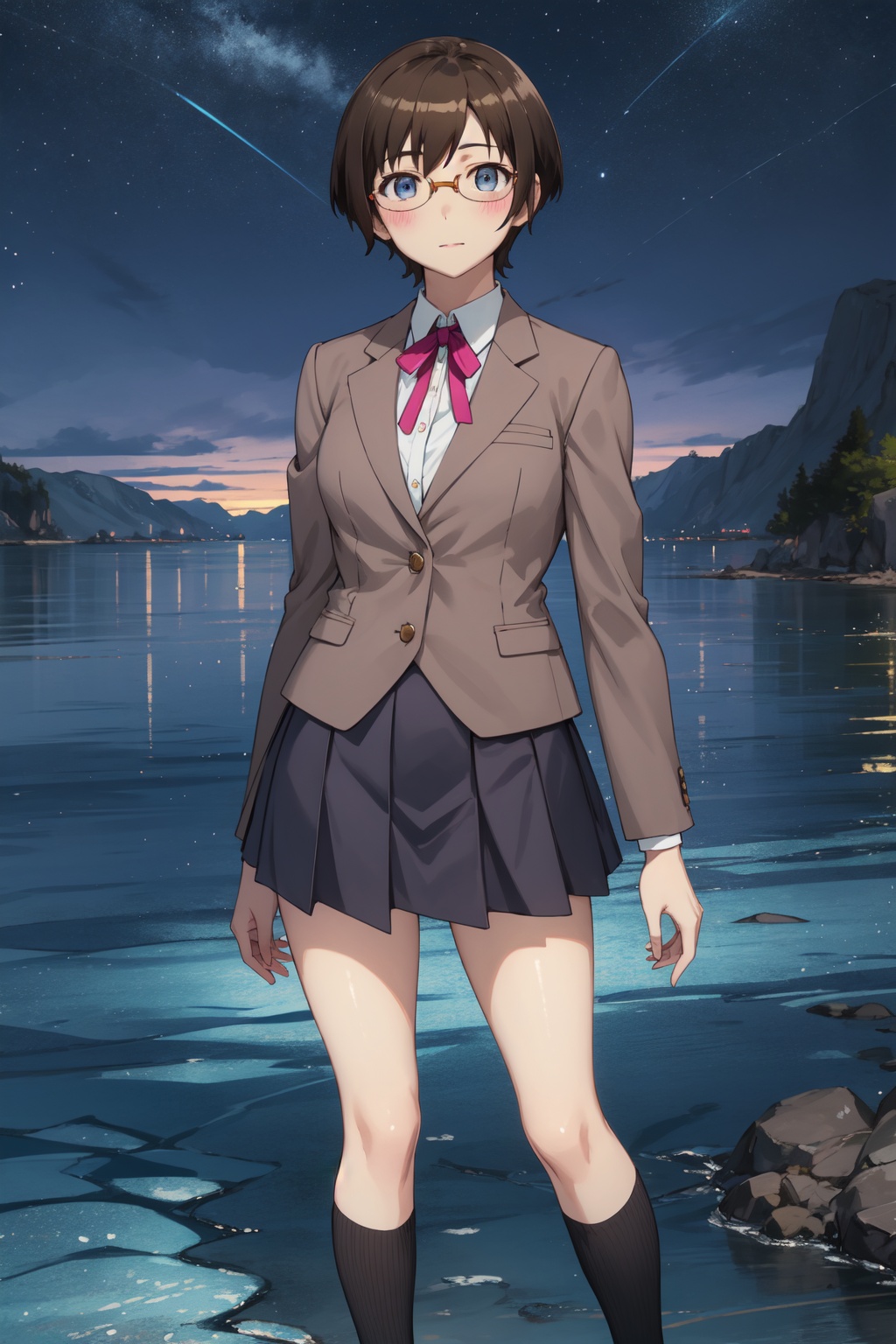 <lora:Manami-000015:0.8>,Manami cyql,1girl,looking at viewer,solo,short hair,brown hair,blue eyes,blush,glasses,semi-rimless eyewear,school uniform,blazer,skirt,socks,tearing_up,cowboy_shot,beautiful face,beautiful eyes,glossy skin,shiny skin,Plankton, Bioluminescent, Bay, Night, Water, Glow, Serenity, Magic,(Rose bushes, Spring blooms, Garden sanctuary, Fragrant air, English countryside, Springtime charm:0.5),beautiful detailed sky,beautiful detailed glow,posing in front of a colorful and dynamic background,masterpiece,best quality,beautiful and aesthetic,contrapposto,female focus,wallpaper,fashion,