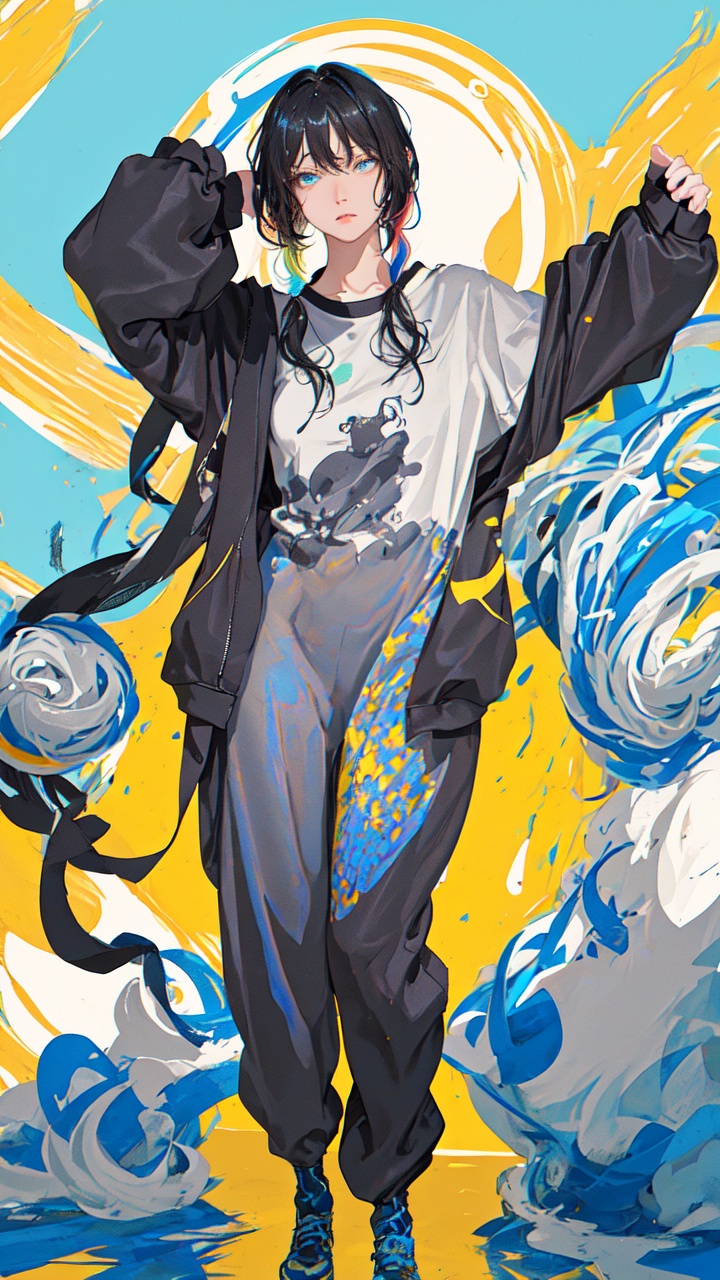 (masterpiece), (best quality), (ultra detailed),(disheveled hair),(illustration), (1girl), (Fashionable clothing), standing,Fashion model,looking at viewer, (interview), (simple background),beautiful detailed eyes,delicate beautiful face,Floating,(high saturation),(colorful splashes),colorful bubble,(shining),focus on face,(realistic:1.2)