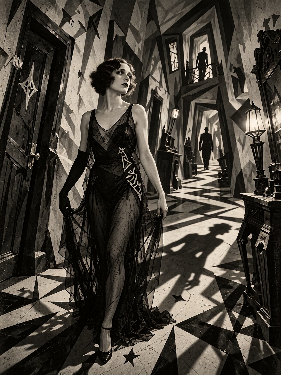 A beautiful young woman in a flowing black 1920s evening dress walking through an impossibly long corridor of crooked door...